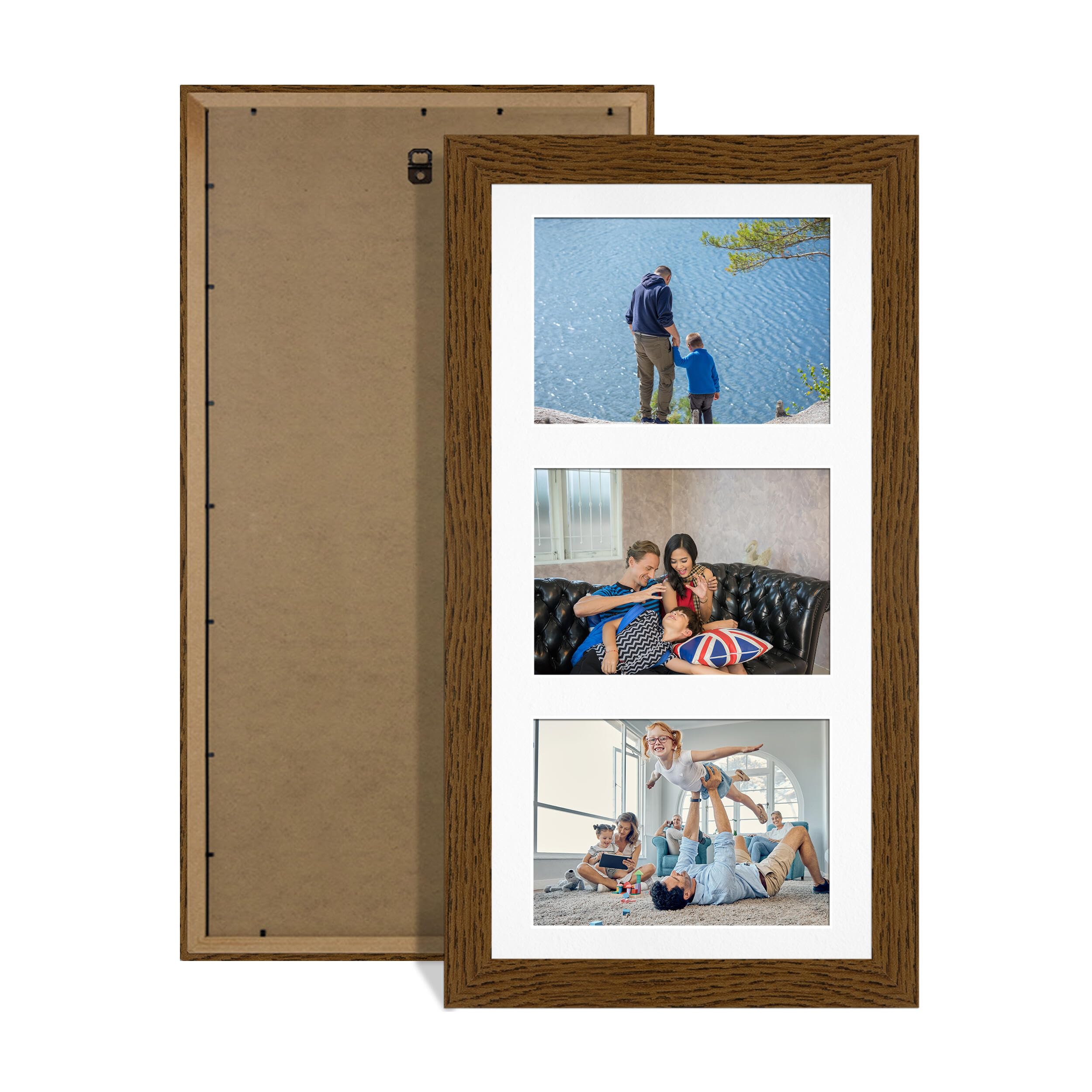 Alison Kingsgate Dark Oak 40x20cm Photo frames for multiple pictures -3 Apertures Collage Frame with White Mount - Holds (3x) 6x4 Photos - Engineered Wood & Perspex