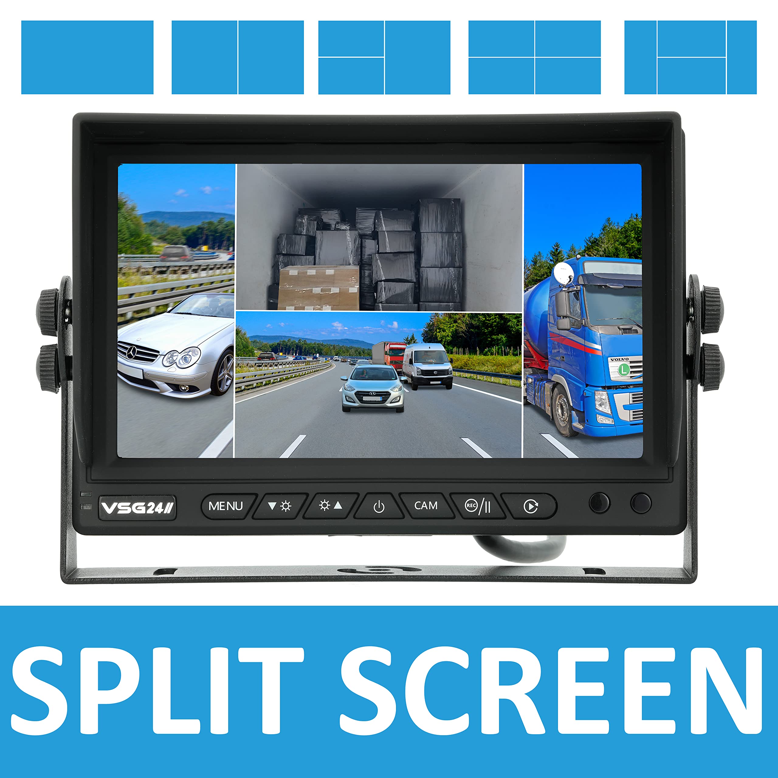 VSG24 Rückfahrmonitor MULTISCREEN HD – 1080P Monitor für Rückfahrkamera mit Split-Screen, Loop-Aufnahme, Rückspiegelfunktion, Trigger, 4 Kamera Eingänge, Einparkhilfe für Auto, LKW, Wohnmobil