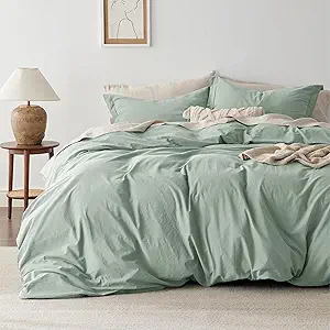 Bedsure 100% Washed Cotton Duvet Cover Queen Size - Sage Green Minimalist Cotton Duvet Cover Linen Like for All Seasons - GentleSoft™ Plain Simple Bedding (Sage Green, Queen, 90"x90")