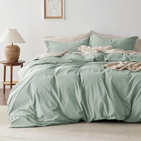 Bedsure 100% Washed Cotton Duvet Cover Queen Size - Sage Green Minimalist Cotton Duvet Cover Linen Like for All Seasons - GentleSoft™ Plain Simple Bedding (Sage Green, Queen, 90"x90")