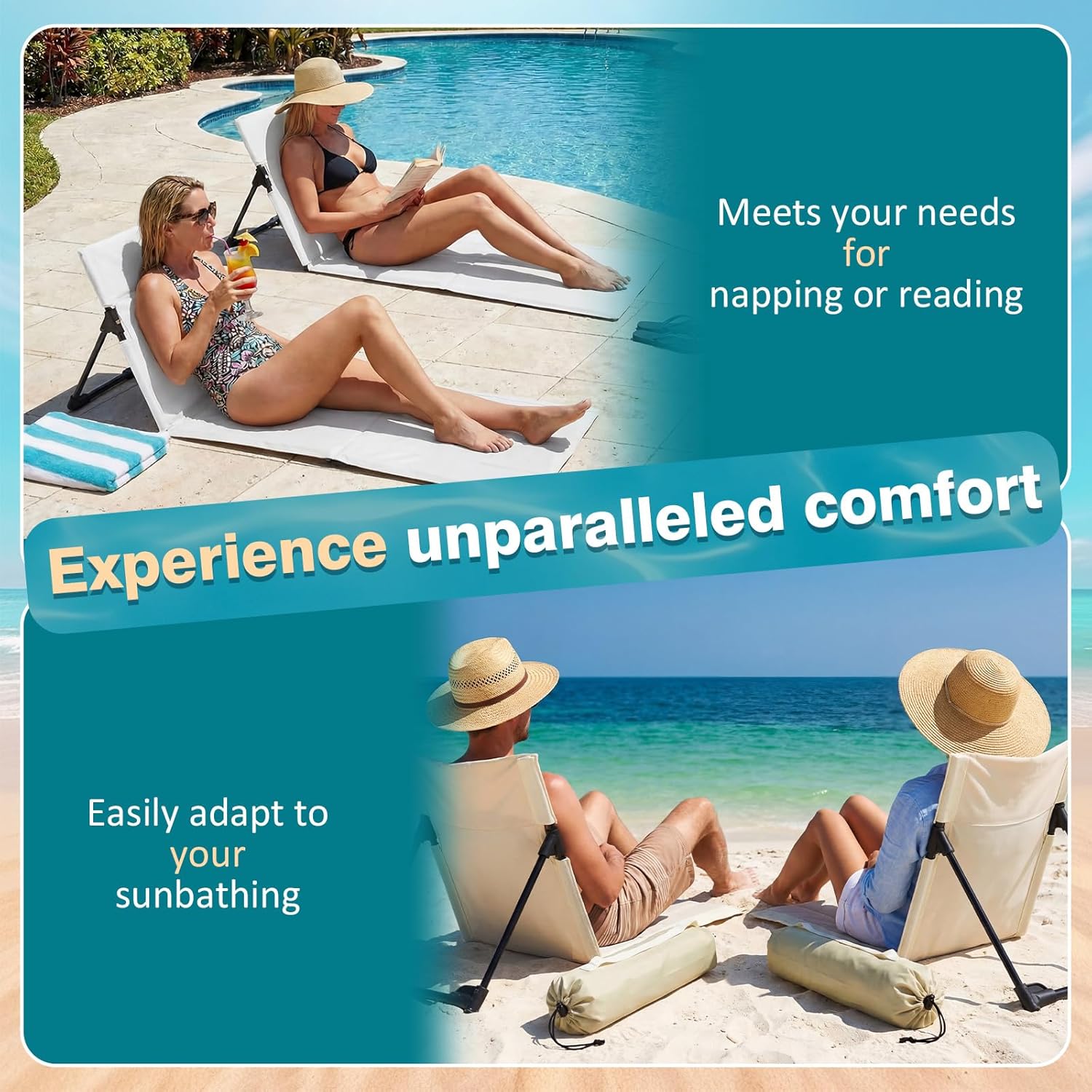 Vicenpal 2 Pack Foldable Beach Lounge Chairs Portable Lightweight Beach Mat Lounger Chairs with Back Support Pool Seat for Sunbathing Sand Tanning Outdoor Poolside Camping Picnic Lawn (Beige)