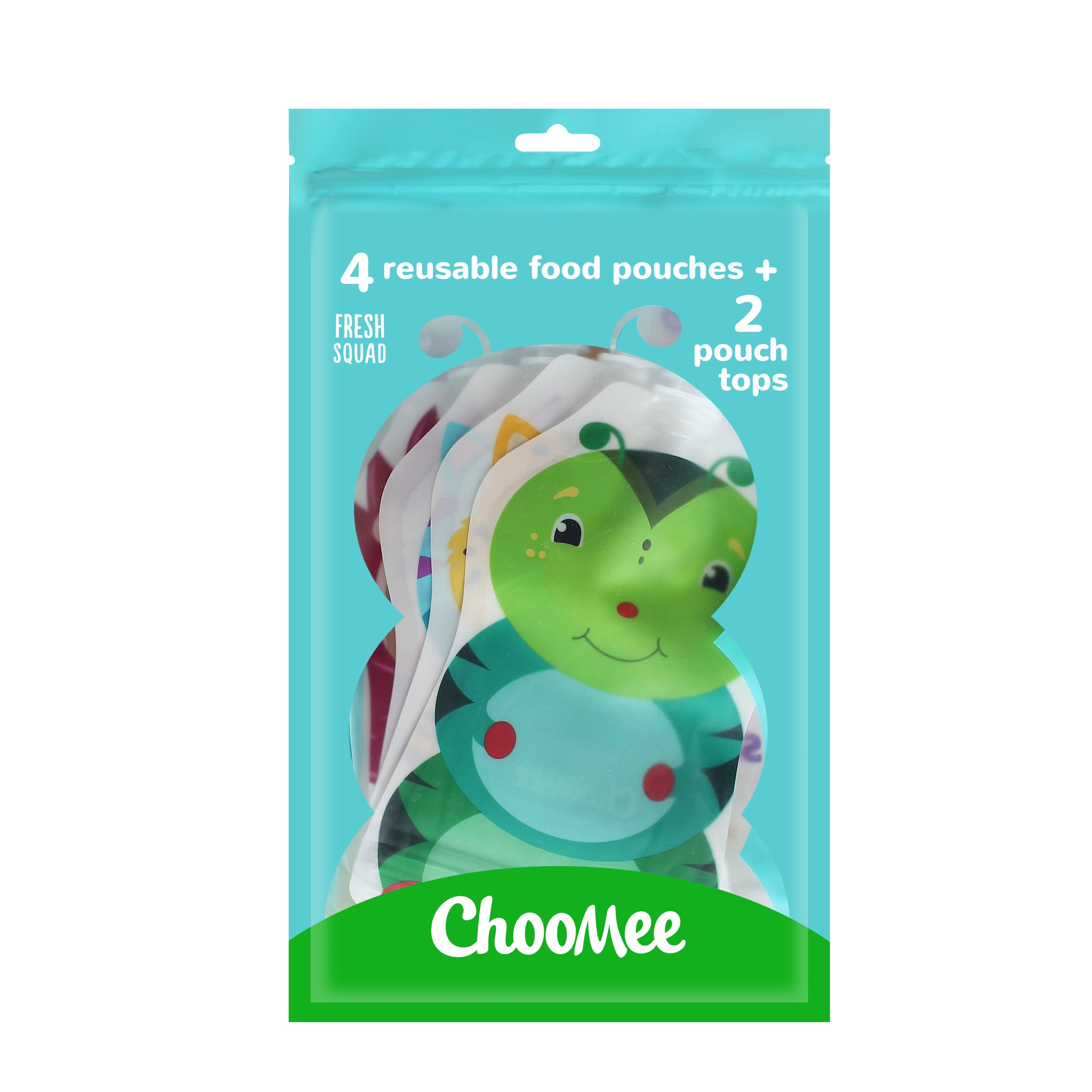 ChooMee Gourdes Réutilisables + Becs Souples SoftSip | Sans BPA | Pochette Étanche pour Tout-Petit | Smoothies, Purées & Aliments Bébé | Large Fond, Facile à Nettoyer | 6 pcs 5 oz SnakPack FreshSquad