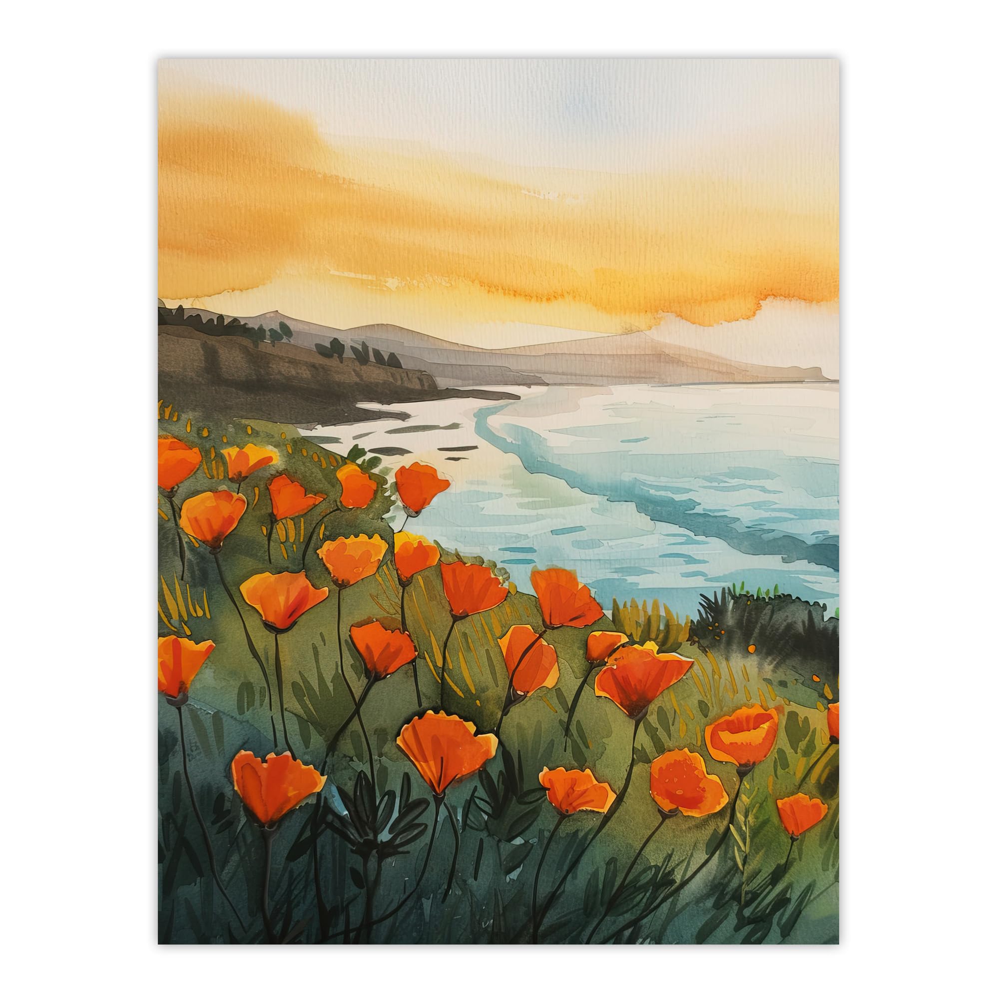Artery8 Shoreline California Poppies Floral Watercolour Living Room Large Wall Art Poster Print Thick Paper 18X24 Inch