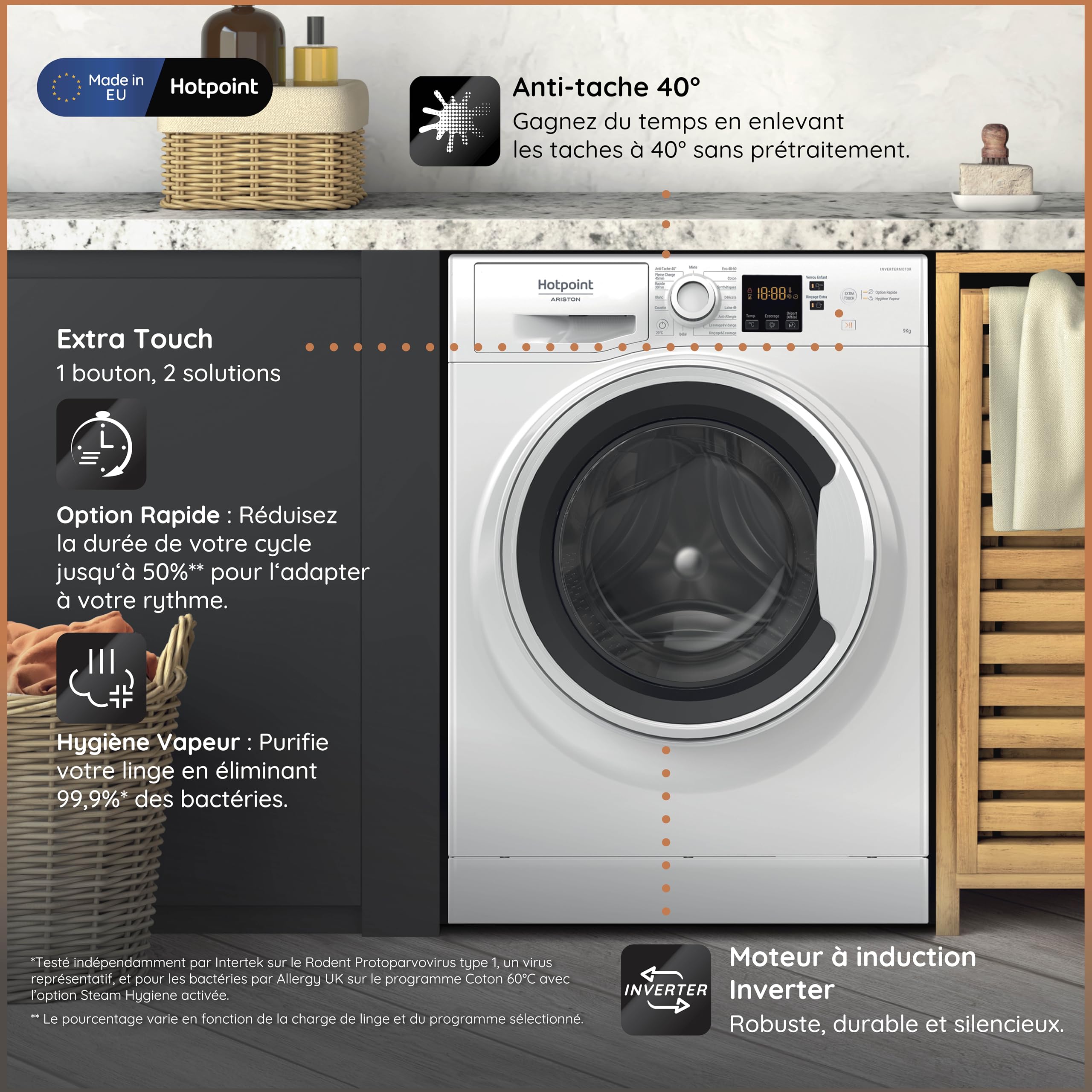 Hotpoint - NS9479WWFR Lave-linge Hublot Posable - Capacité 9 kg - Chargement Frontal, 1400 tr/min - Moteur Induction, Anti-tache, Hygiène Vapeur - Départ Différé - Classe Énergétique A - Blanc