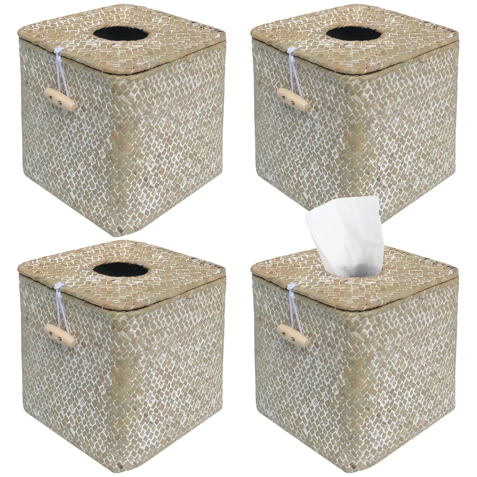 4 Pcs Square Tissue Box Cover, Handwoven Natural Straw Rattan, 5.5 in, Decorative Napkin Dispenser, Farmhouse, Boho, Versatile Use for Home, Office, Car