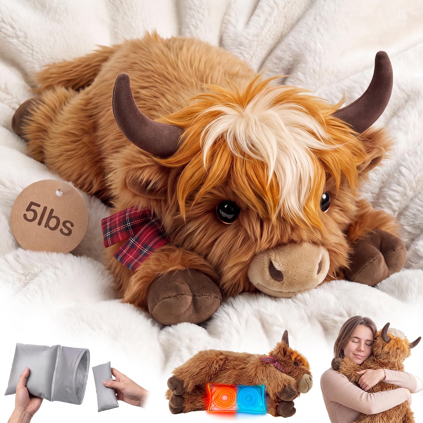 Mewaii Weighted Stuffed Animals Highland Cow Plush, Heatable Coolable, 5lbs