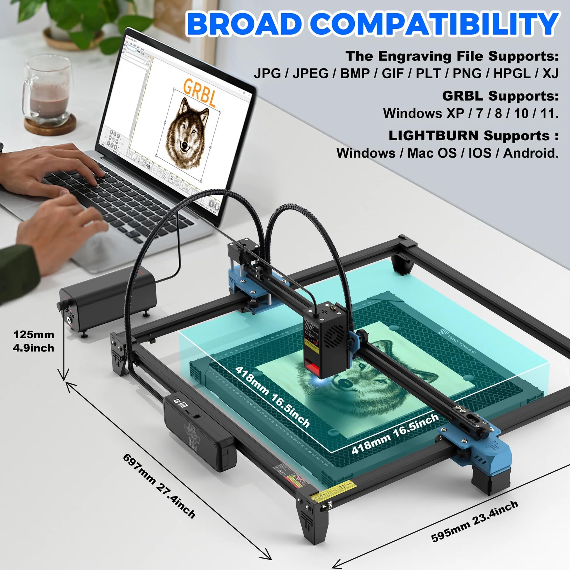 Twotree TTS-20 Pro 20 W Machine à graver laser pour la fabrication de puzzles en bois 3D 20 W Puissance laser Machine à focus fixe 418 mm x 418 mm Zone de gravure