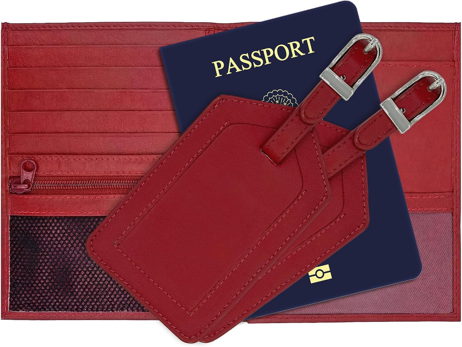 Red RFID Genuine Leather Passport Wallet and Two Luggage Tags