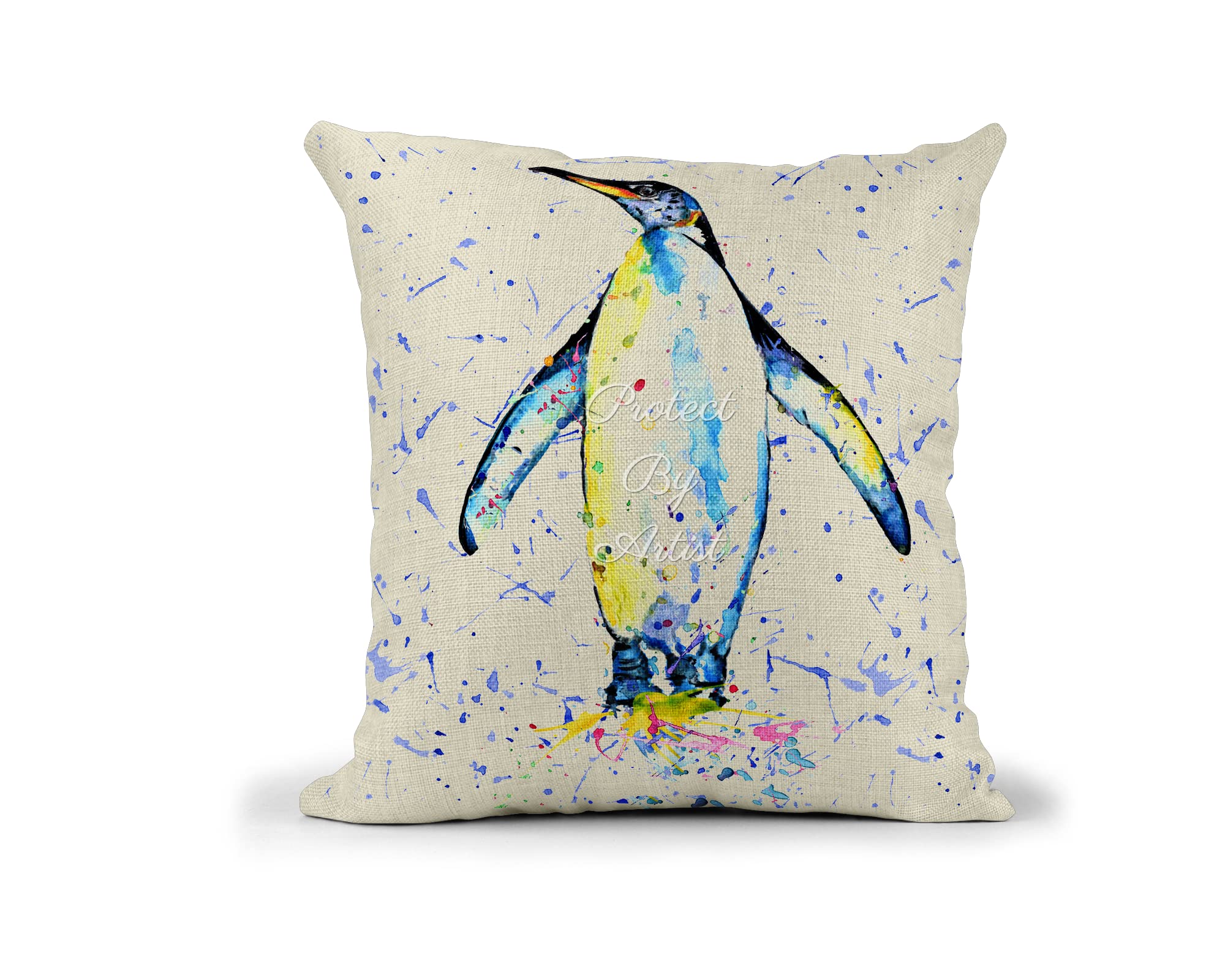 Vixar Penguin Bird Watercolour Rainbow Art Linnen Cushion With Filling Or Cover Only, 40X40cm, Gift, Christmas, Birthday (Cover Only)