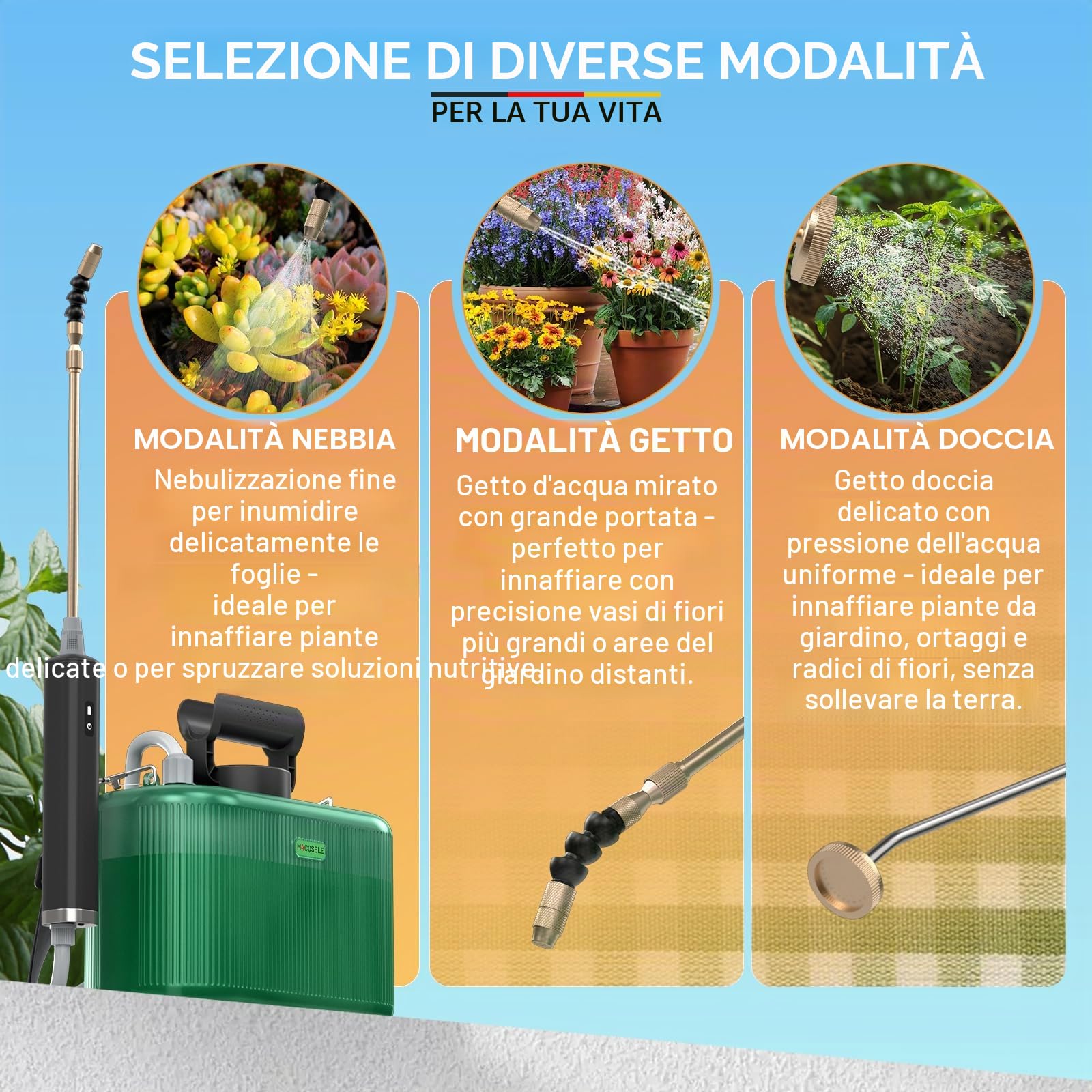 Pompa Irroratrice a Batteria 5L con Lancia Telescopica in Rame a 2 Modalità + Lancia in Acciaio Inox, 2 Ugelli, Tubo 1+3m, Batteria 2200mAh, Ricarica USB-C, Nebulizzatore Giardino Portatile (5L)