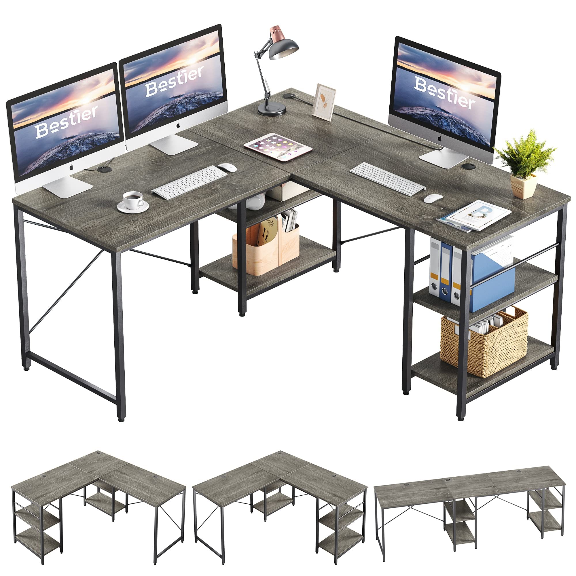 Bestier L Shaped Desk with Shelves 95.2 Inch Reversible Corner Computer Desk or 2 Person Long Table for Home Office Large Gaming Writing Storage Workstation P2 Board with 3 Cable Holes, Grey