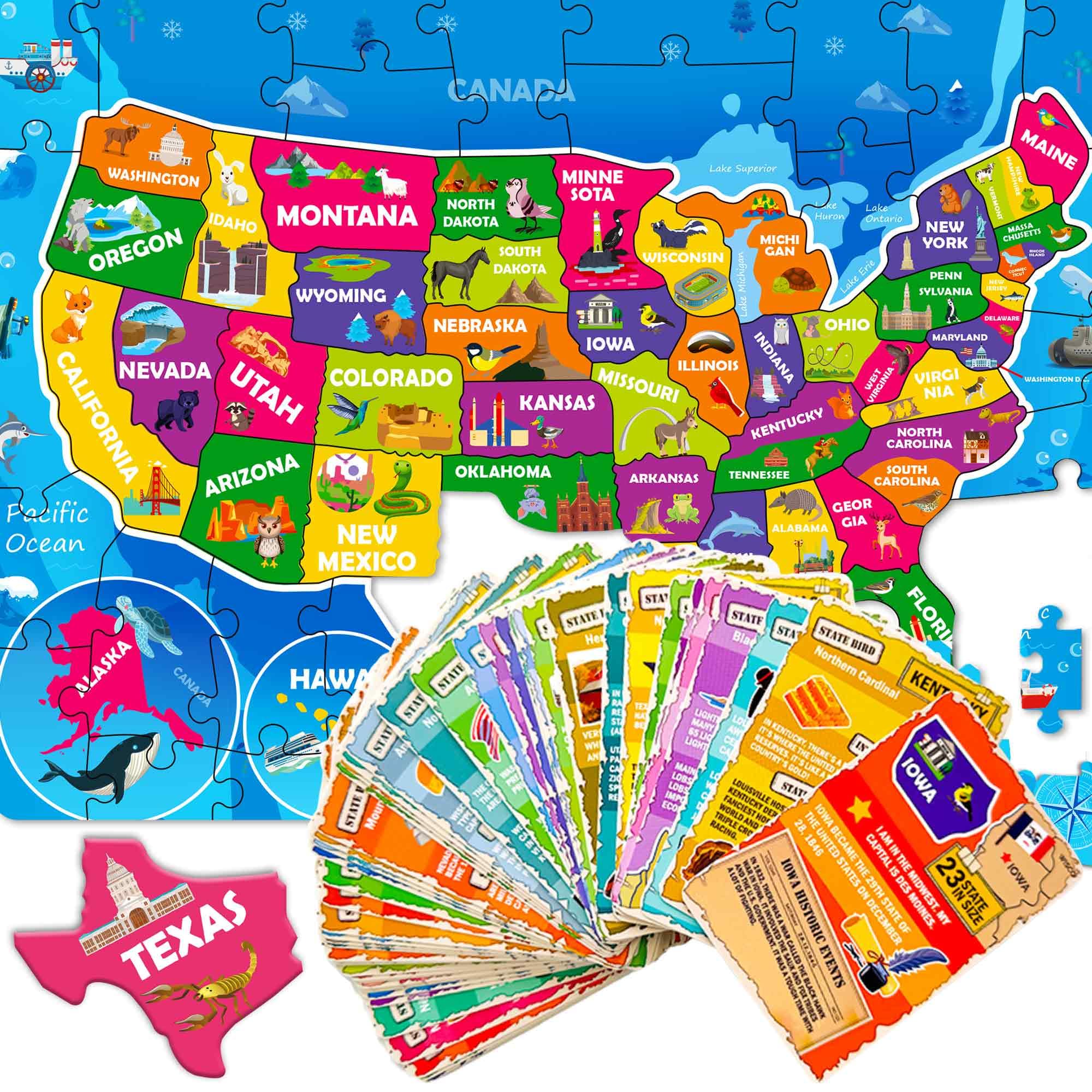 QUOKKA United States Puzzles for Kids Ages 4-6 - 70 Pcs USA Map Kids Puzzle with 50 Cards 400+ USA Facts - State & Capitals Floor Jigsaw Puzzles for Children 6-8 - Educational Toys Gift for Boys Girls