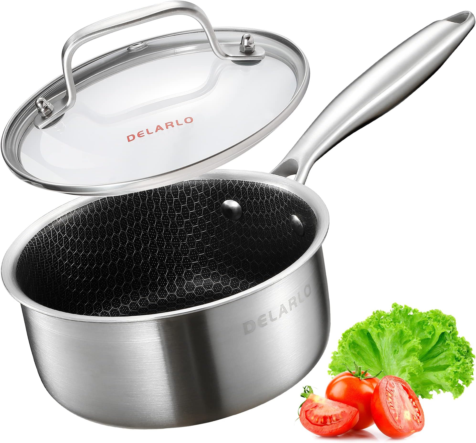 DELARLO Tri-Ply Stainless Steel Anti-Scratch Semi-Nonstick Honeycomb Saucepan with Tempered Glass Lid, Ergonomic Handle and Hexagonal Design for Multi-purpose uses (1.5-QT) (2.5 QT)