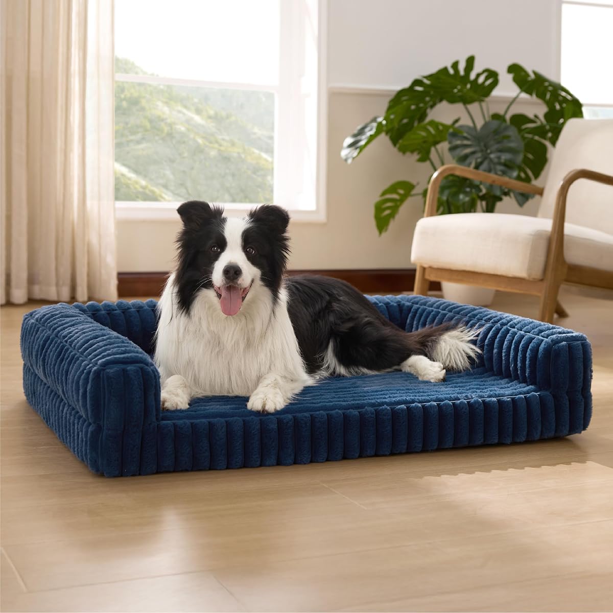 Bedsure ComfyFleece™ Memory Foam Orthopedic Dog Beds Large Sized Dog 35" | Comfort Egg-Crate Foam Couch Sofa, Washable Corduroy Cover,Cozy Bolstor Waterproof Pet Bed with Sides,Non-Slip Bottom,Blue