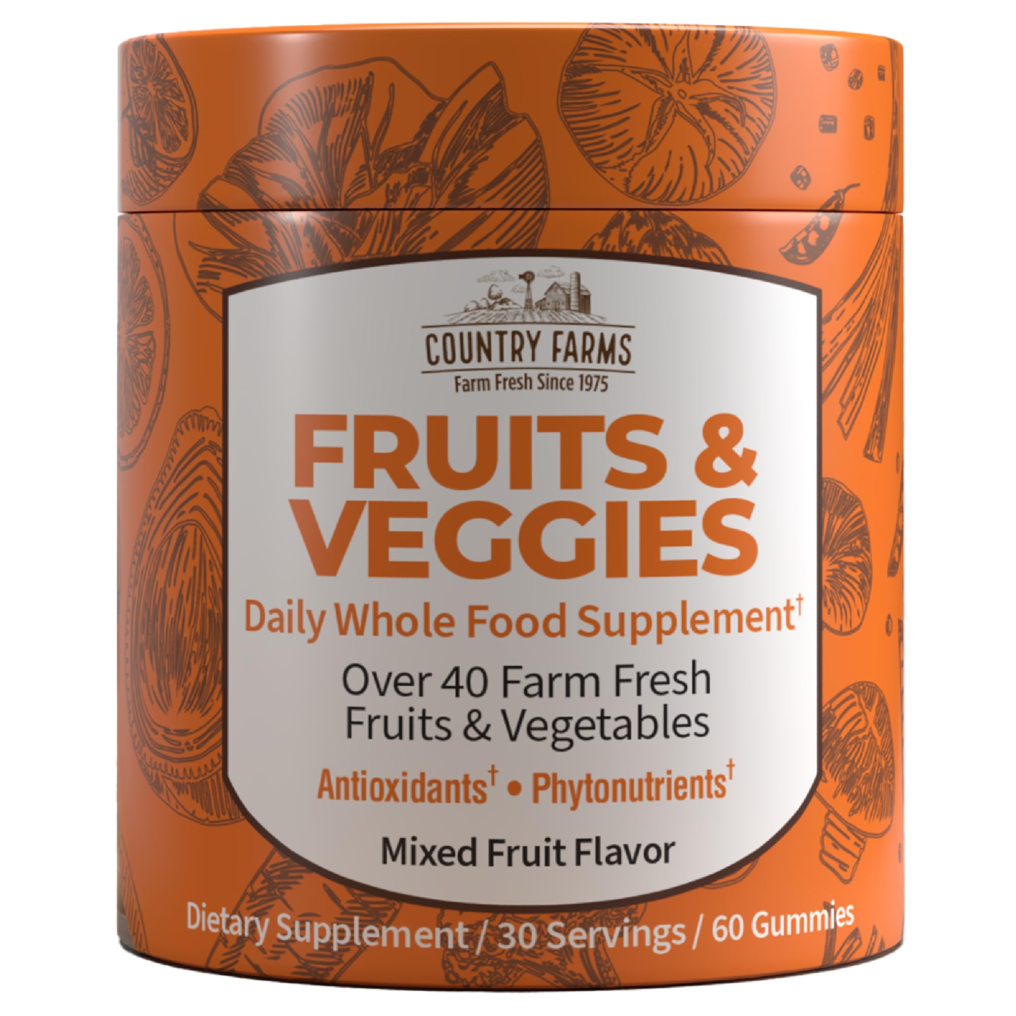 COUNTRY FARMS Fruits and Veggies Gummies, with Over 40 Farm Fresh Fruits & Vegetables, Packed with Powerful Antioxidants, (Spirulina, Blueberry, Mushrooms), Daily Whole Food Supplement, Pectin Based,