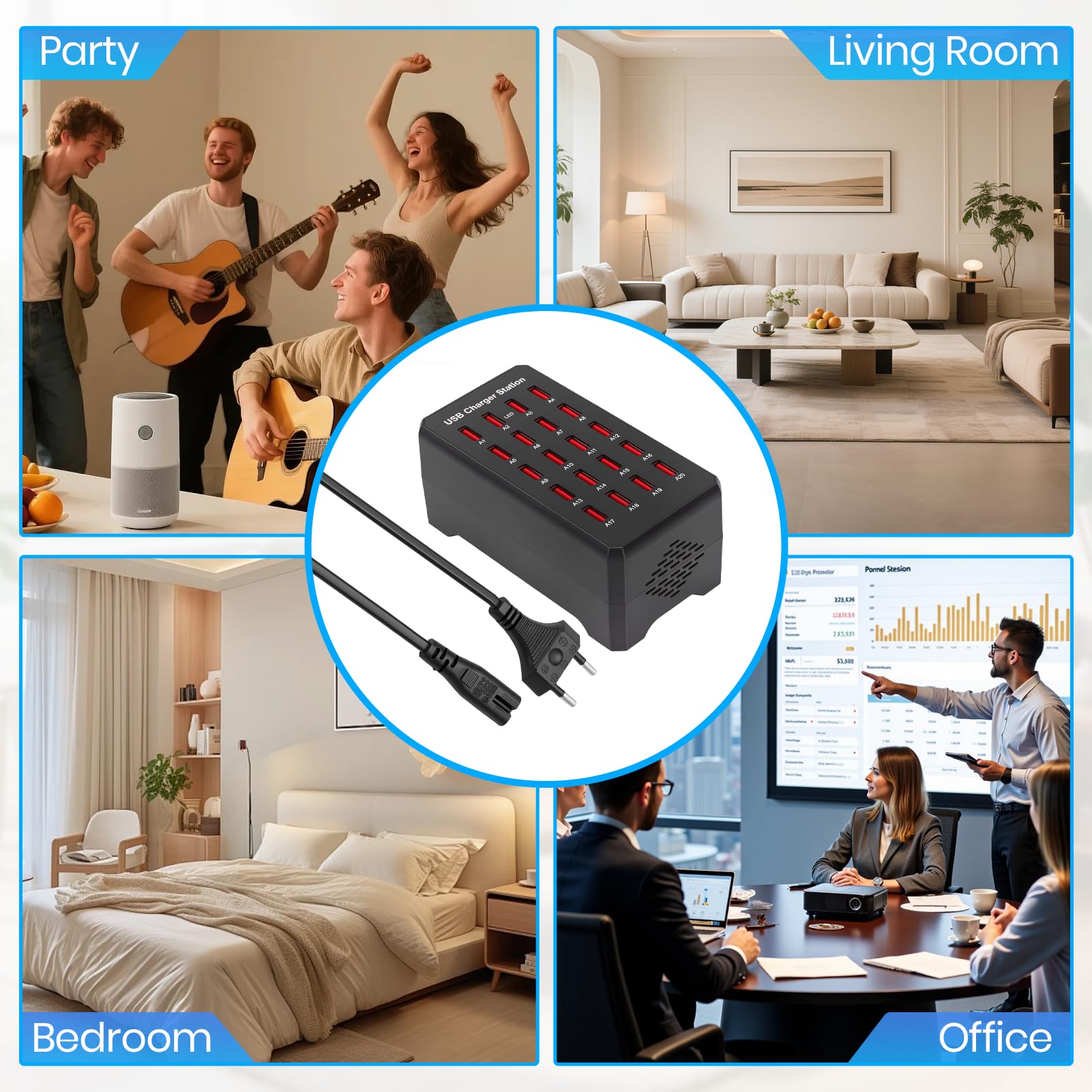Stazione di Ricarica USB a 20 Porte, 100W Caricatore USB multiplo per Casa | Per Hotel Ufficio Viaggi Trasmissioni In Diretta, alimentatore USB da Tavolo per Telefono Tablet Cuffie Orologi