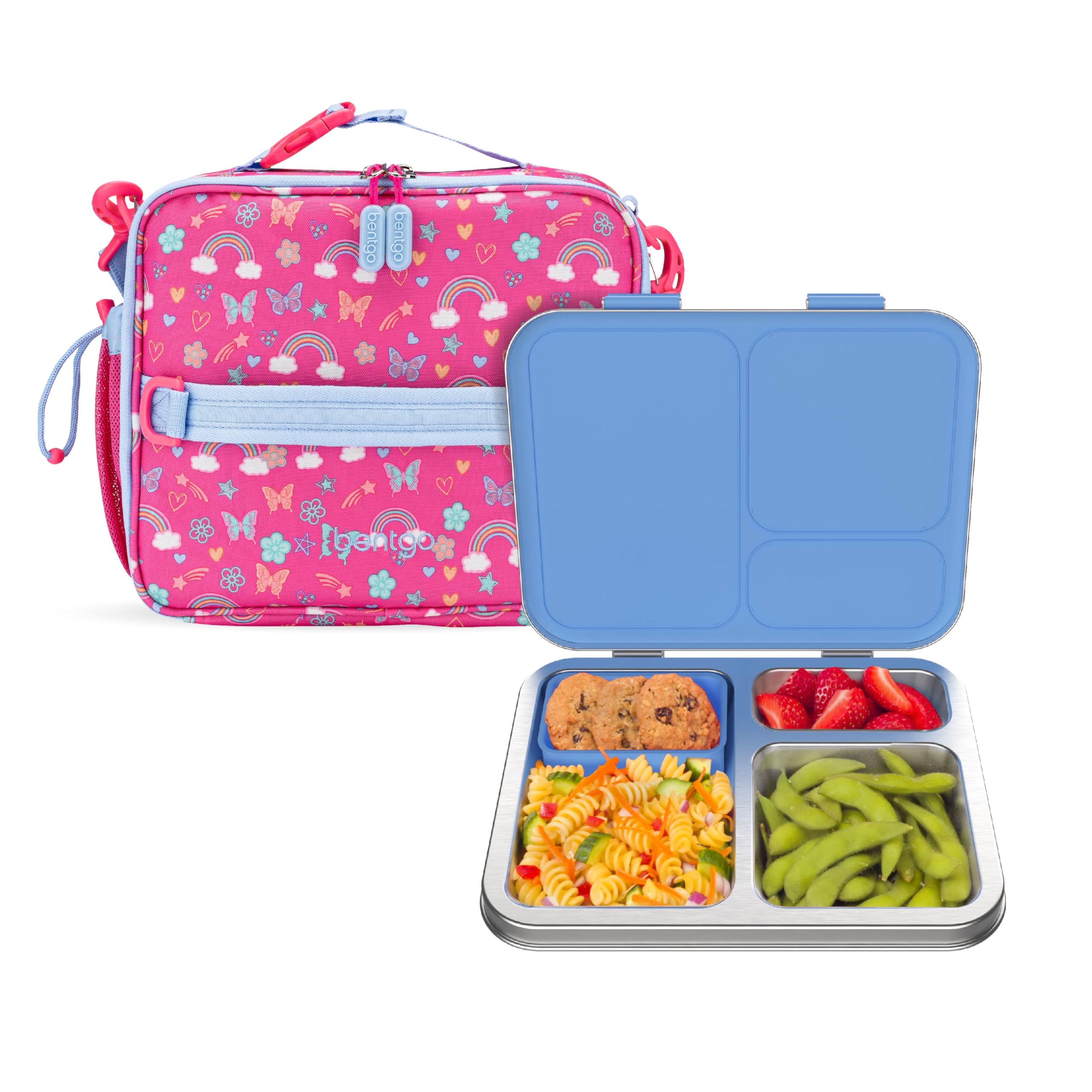 Bentgo Kids Insulated Lunch Bag and Stainless Steel Lunch Box Set Rainbows Butterflies