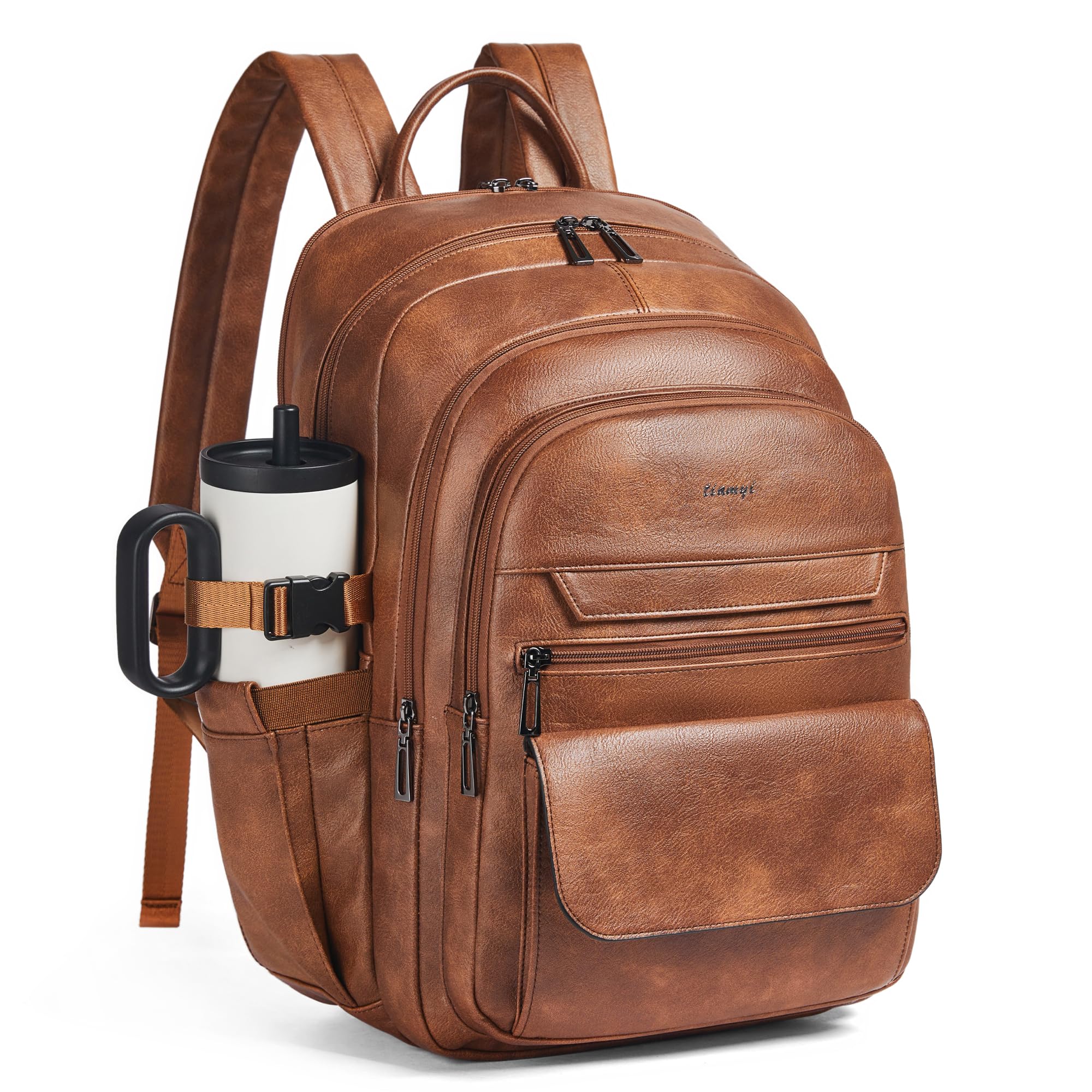 Sac à Dos en Cuir Végan Homme et Femme, Compatible avec Ordinateur 17 Pouces, Bagage Cabine avec Port USB et Sangle Valise, Design Élégant, Brown