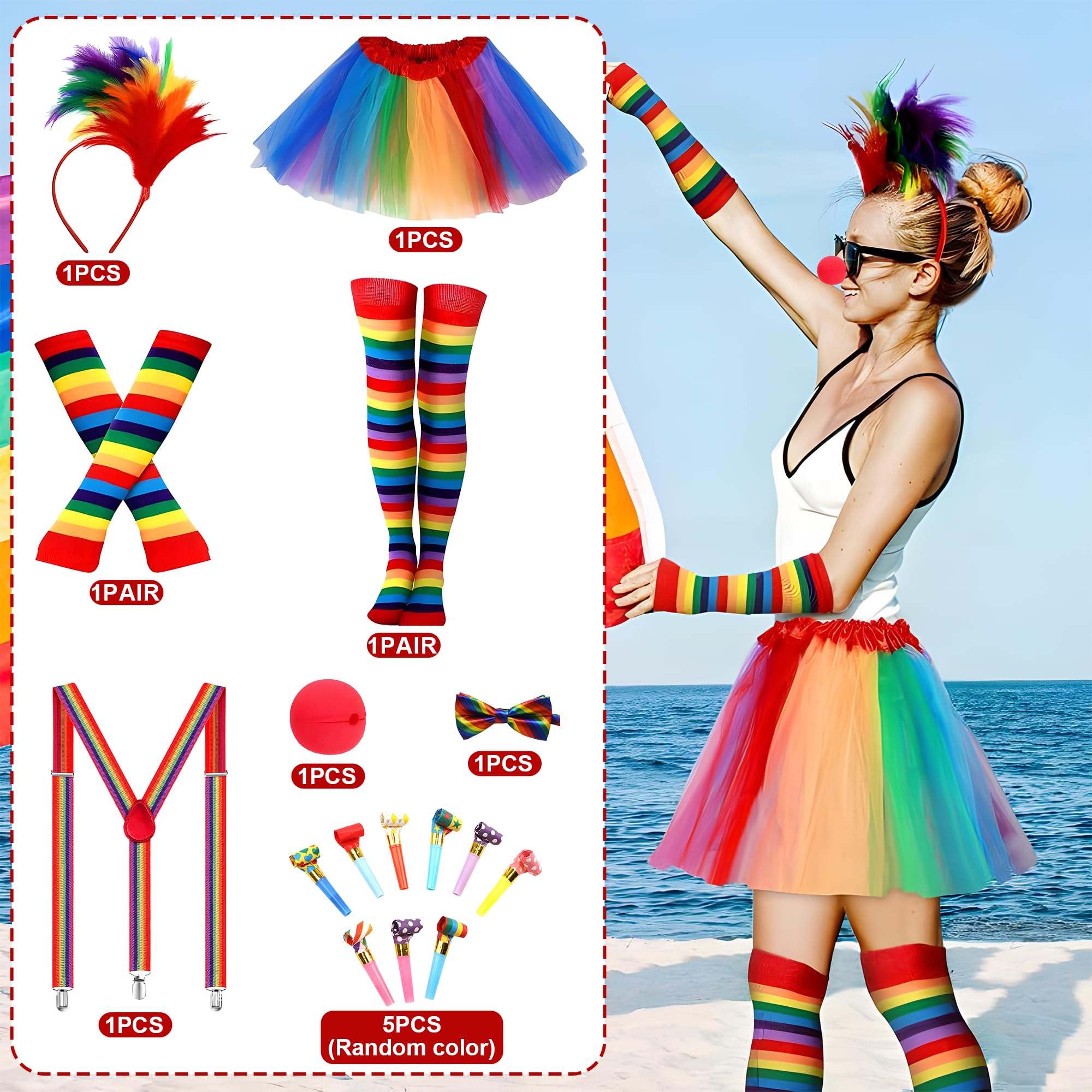 cadelon 12pcs Clown Costume Set for Women - Complete Clown Kit with Vibrant Rainbow Tutu Skirt, Premium Feather Headband & Accessories - Image 3