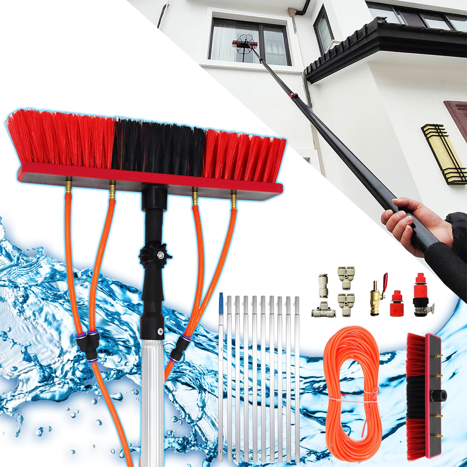 MSHGSKU Teles Window Cleaning Pole Set 6m (19.6ft) Extendable Water-fed Rod with Hose Solar Panel & Conserva Brush - Perfect for Truc Boats & Cars