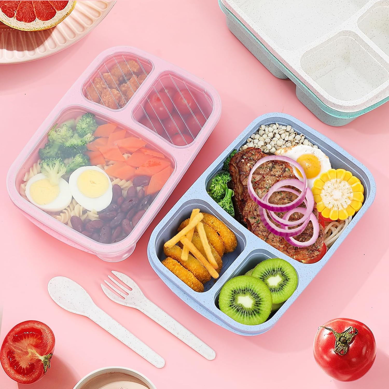 Bento Lunch Box,4Pcs Premium 3 Compartment Food Container Wheat Straw Meal Prep Container Microwave Safe Lunchbox Container Storage Containers for Adults