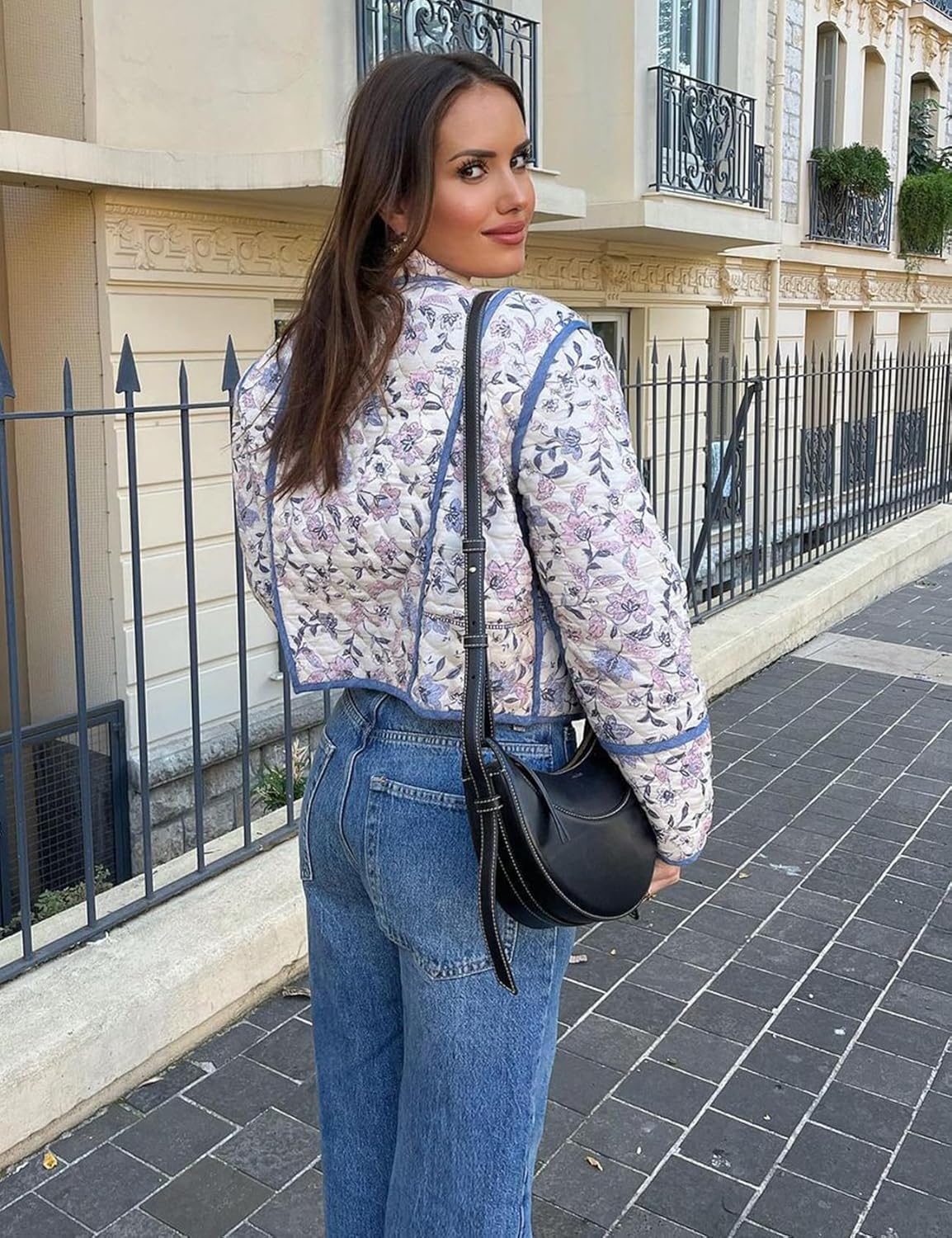 Wyeysyt Women's Cropped Puffer Quilted Jacket Cardigan Floral Printed Lightweight Long Sleeve Open Front Short Padded Coats - Image 3