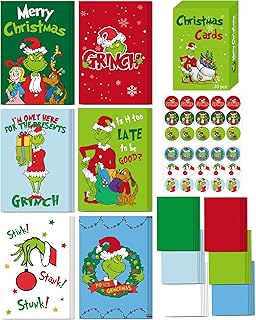 RINOLY Set of 30 Grinchs Christmas Cards Boxed with Envelopes and Stickers,6 Assorted Designs Grinchs Cards,Bulk Holiday Christmas Greeting Cards- 4x6 inch