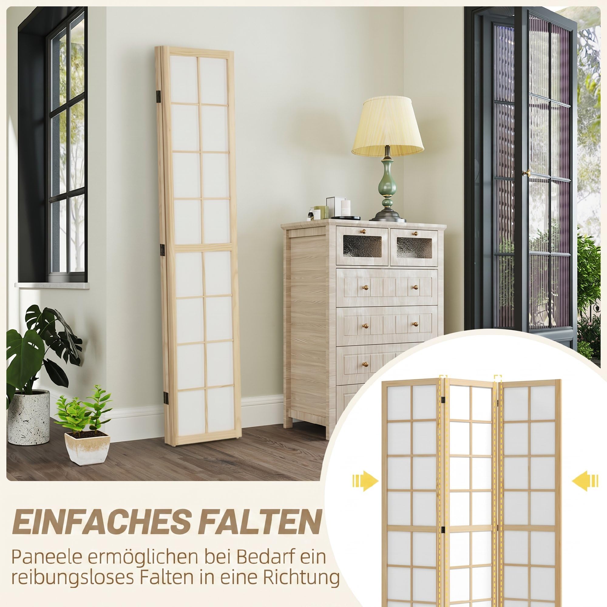 HOMCOM Paravent Raumteiler für Wohnzimmer 3-teilig 120 x 170 cm Natur | Trennwand, Faltbar Raumtrenner, Sichtschutz Stellwand