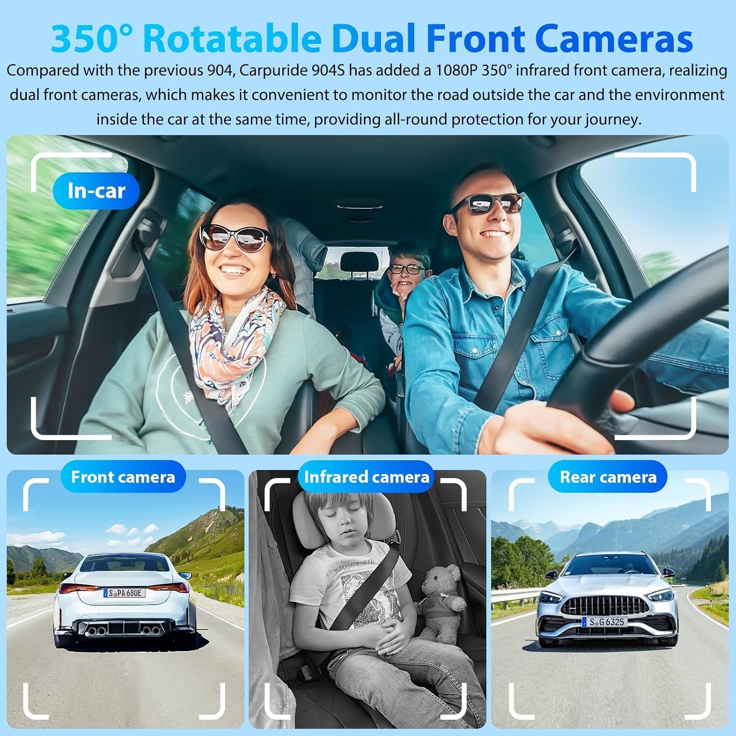 CARPURIDE W903S Wireless Carplay & Android Auto Screen with 3 Channel Dash Cam, 4K Front &1080P Rear, 1080P Infrared Cabin Camera for Cars with 64GB Card, Loop Recording, Bluetooth