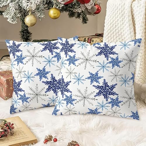 Miniatura 3 de CaliTime Juego de 2 fundas de almohada navideñas con estampado de copos de nieve, fundas de cojín para sofá y decoración del hogar, 18 x 18