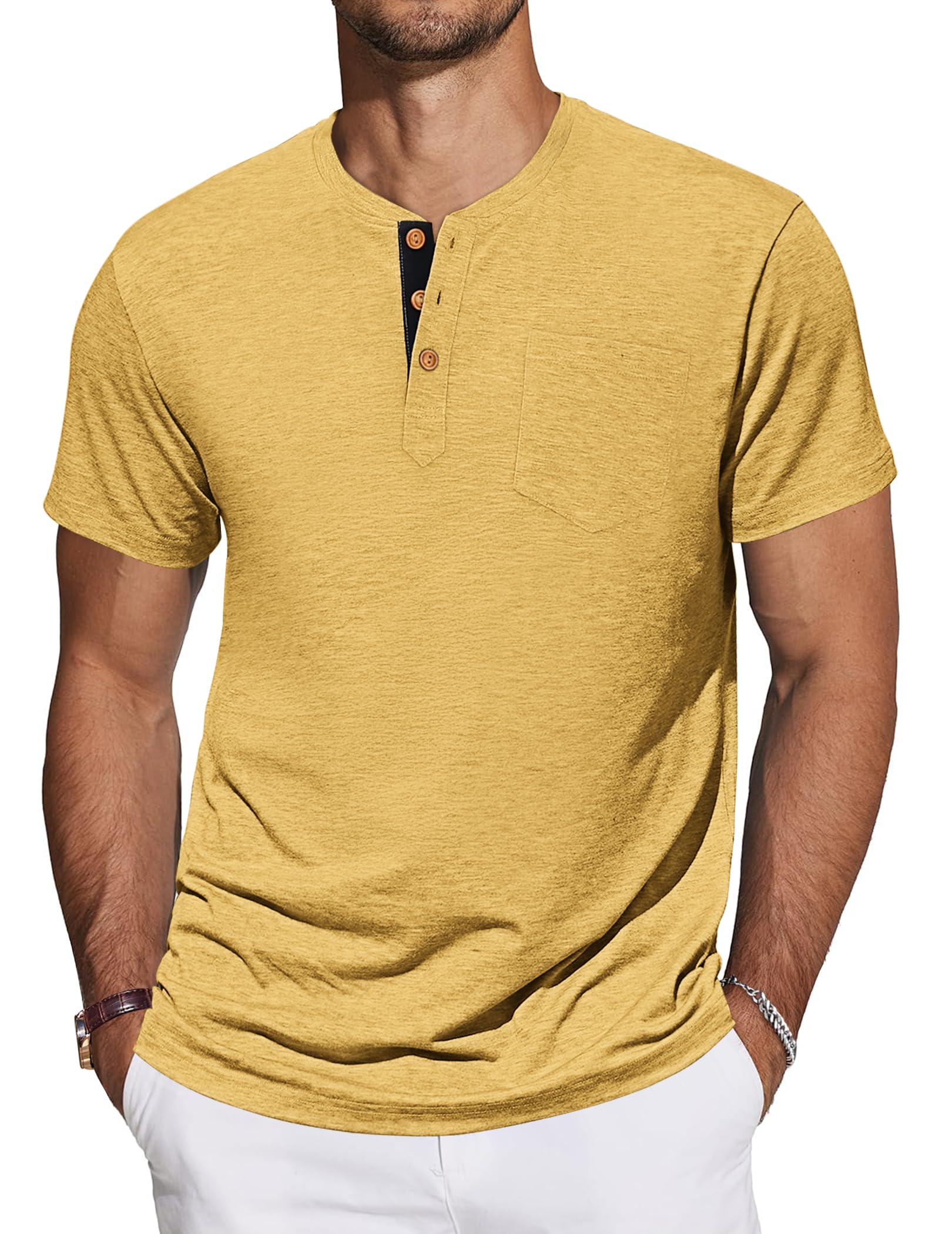 TARAINYA Henley T-Shirts Herren Baumwolle Shirt Kurzarm Einfarbig Basic Tee Männer Sommer mit Tasche Gelb XL