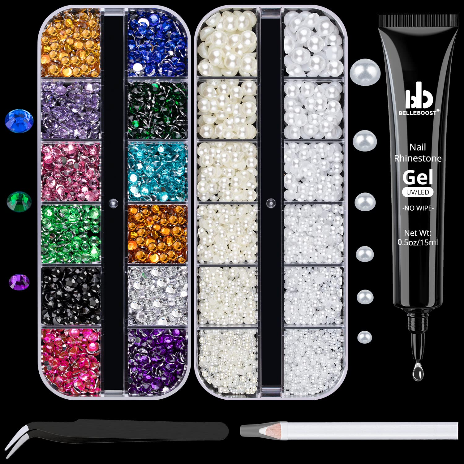 BELLEBOOST Nail Art Rhinestone Glue Gel 2 Boxes Flatback Gems Kit 1 Tube of 15ml Rhinestone Gel Glue