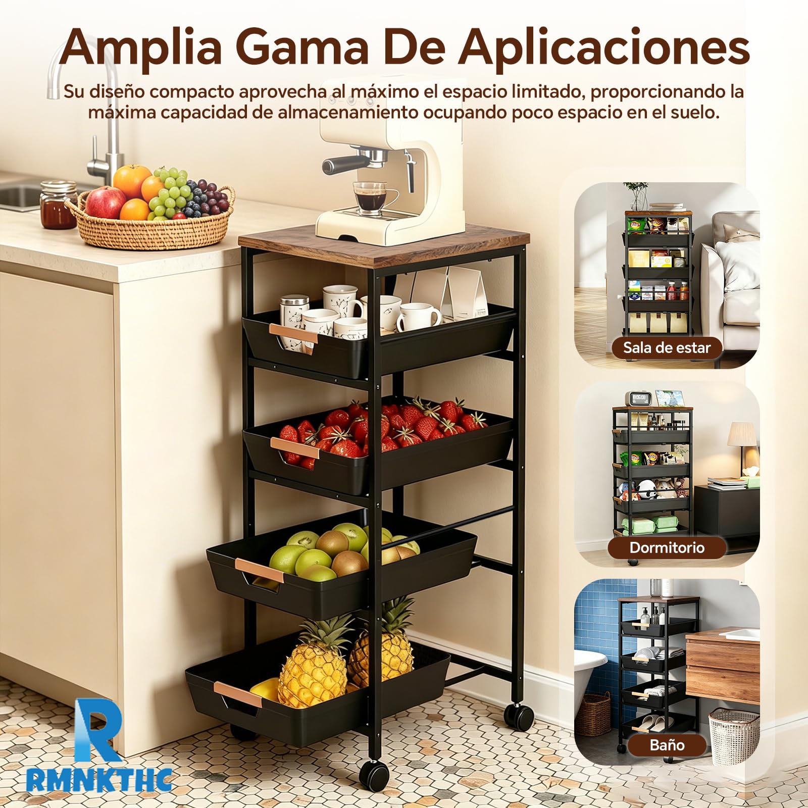 Carro de cocina con 5 estantes y 4 cajones, ruedas de 360° con 2 frenos, con placa de madera y cestas ventiladas, para almacenar frutas, verduras, microondas en la cocina y el salón (32 x