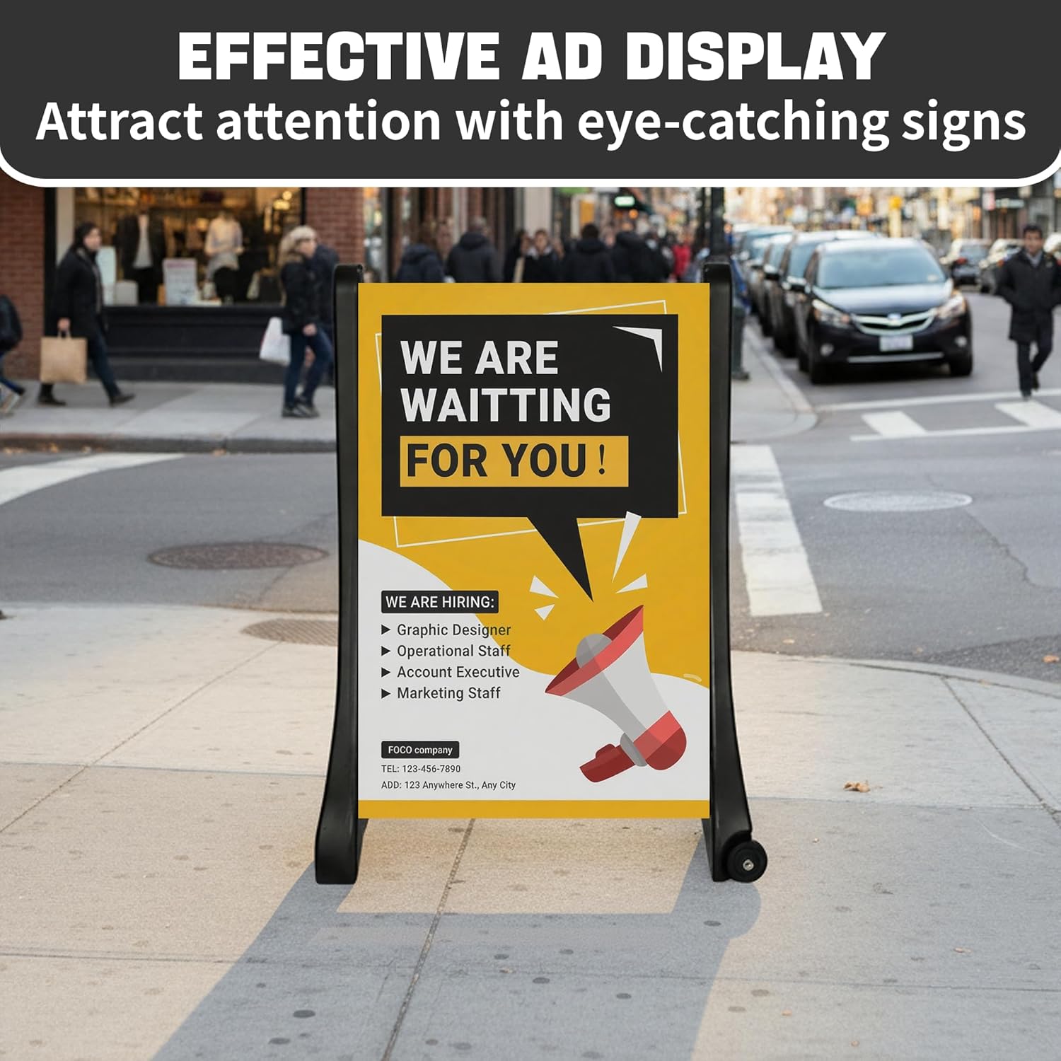 Heavy Duty A Frame Sign 24 x 36 Inch Double Sided Slide in Sidewalk Signboard Portable Water Fillable Sandwich Board with 2 Wheels Outdoor Business Advertising Display Holder