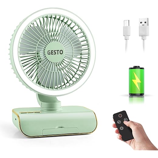 Gesto 8 Inch High Speed Rechargeable Table Fan for Home Oscillating Fan with Remote Control | 4000mAh Battery,Led Light,5 Speed Modes | Portable Usb Charging Battery Fan for Office,Kitchen - Green