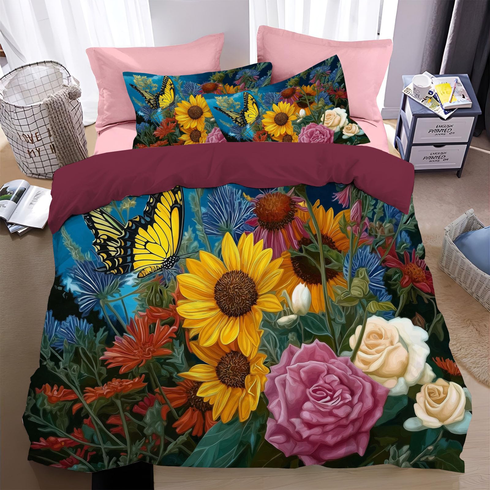 Housse de couette 240x260cm papillon et marguerite rose, parure de lit microfibre lavable