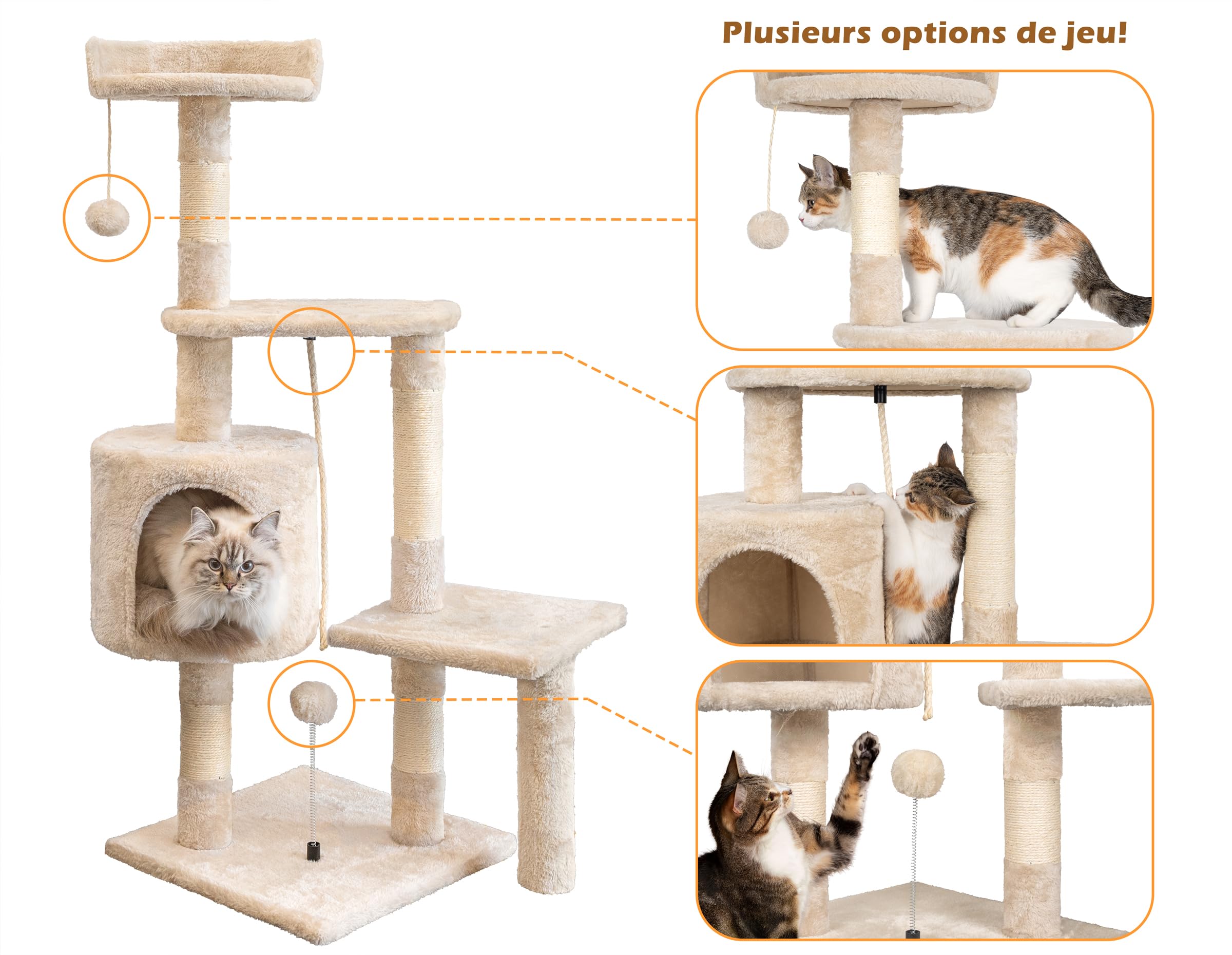 Arbre à Chat,112cm Tour de Jeux Stable pour Chat,Arbre à Grimper Multi-Niveaux avec 4 Poteaux en Sisal, 3 Plateformes, 1 Nid Douillet Chaton-Beige