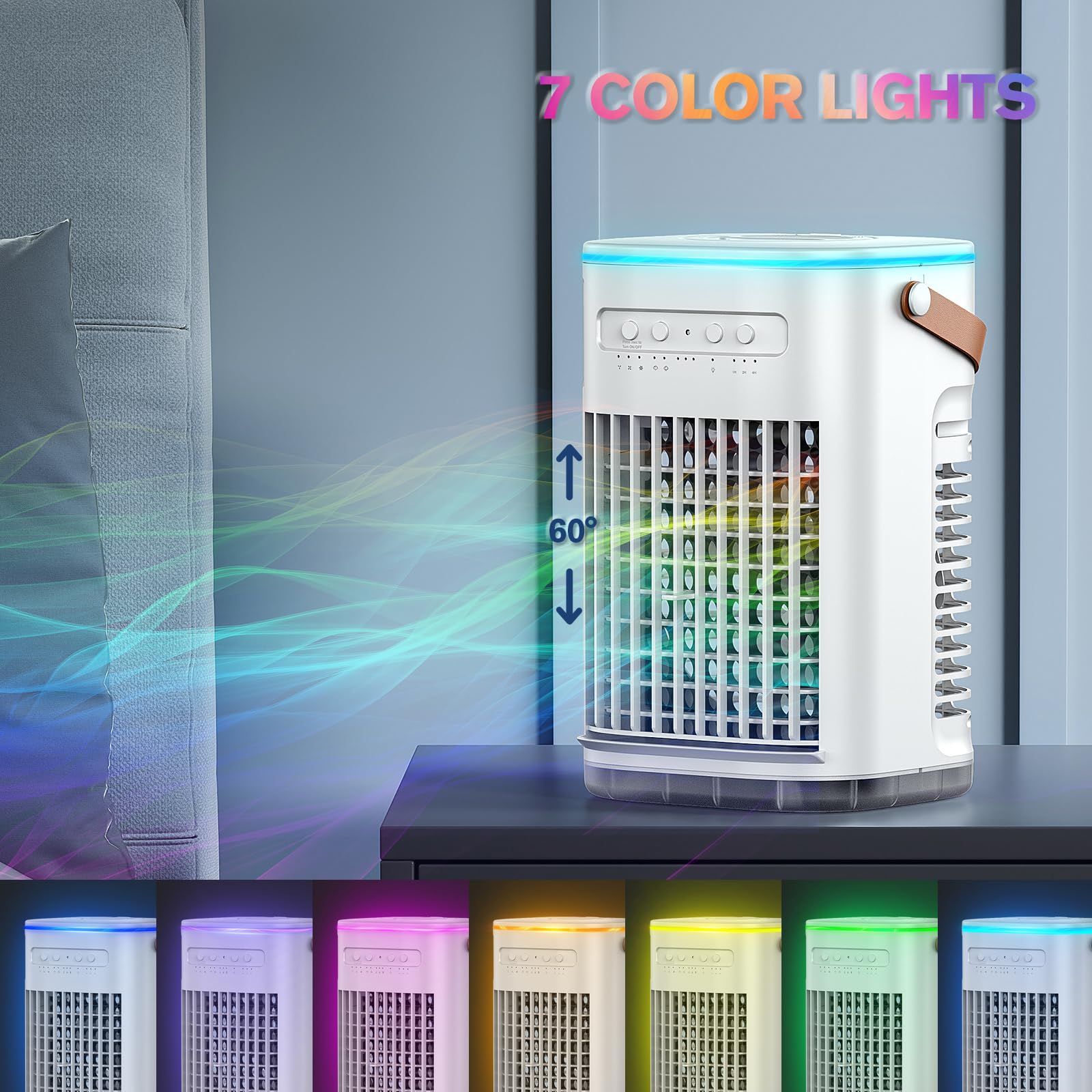 Mini aire acondicionado, aire acondicionado portátil con control remoto, carga USB, tanque de agua de 1.2L y 2 cajas de hielo, temporizador de apagado automático, enfriador de aire evaporativo con 3 7