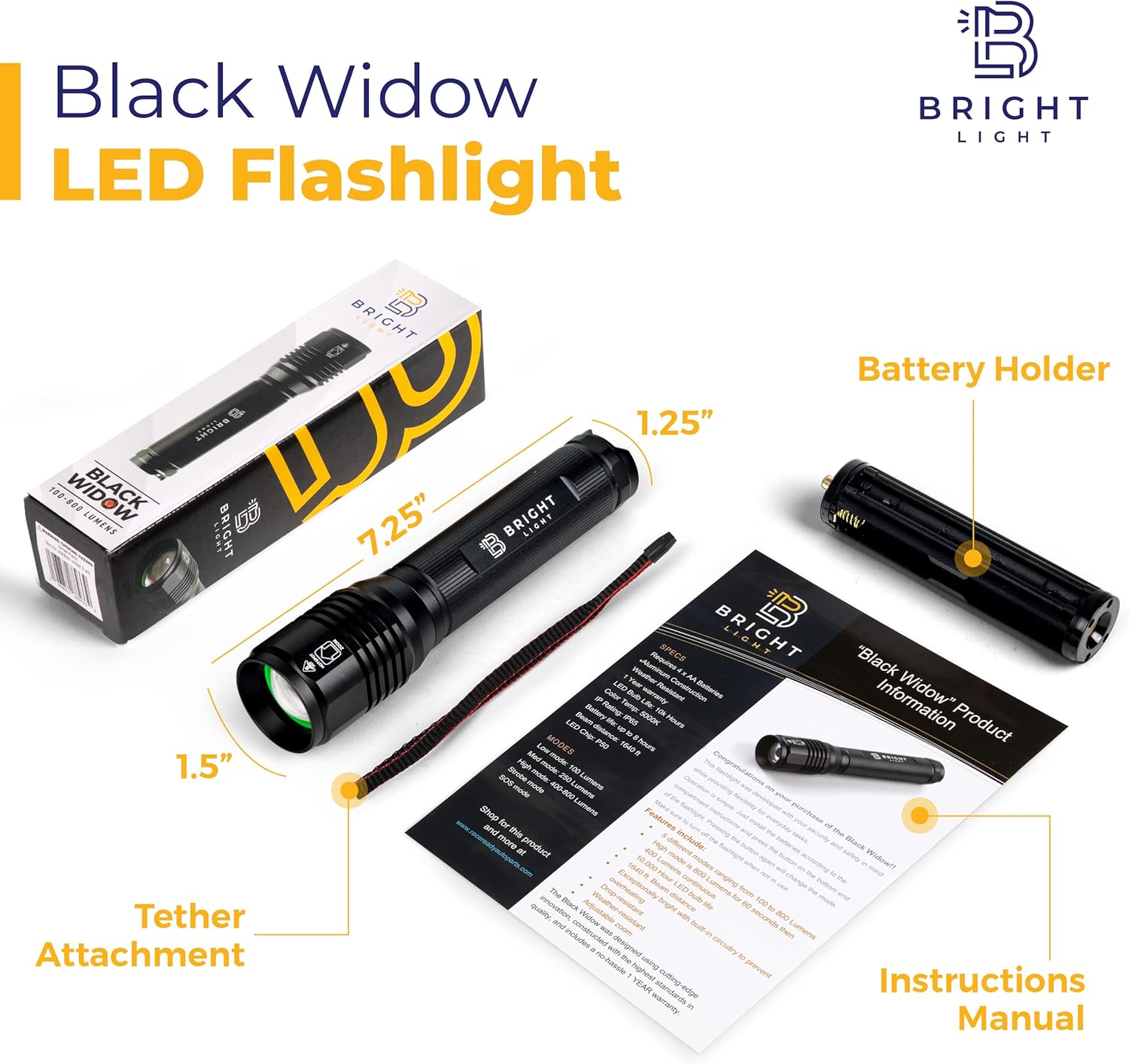Bright Light LED BW1 AA Battery Flashlight – 1000 Lumens, IP65 Waterproof Aluminum LED Flashlight for Home, Car, Camping, and Emergency Use, Durable Light for Power Outages and Outdoor Use