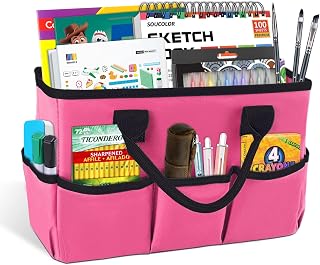 Godery Desktop Tote and Organizer, Teacher Helper Bag for Arts, Books, Stationery, Office Desk Organization, Make-up Storage with Handles for Travel (PINK)