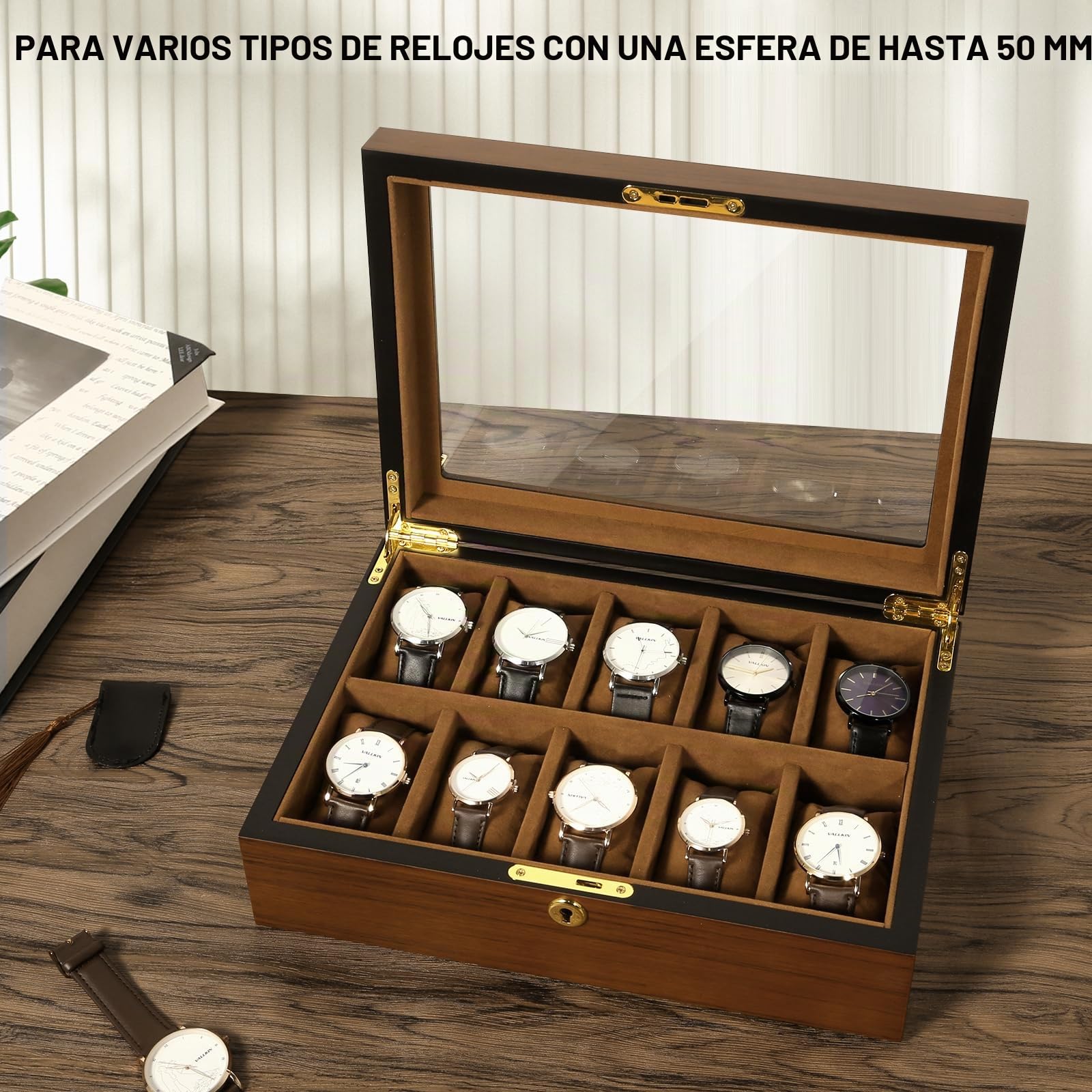 Uten Caja de reloj con 10 ranuras, organizador de relojes con cerradura dorada y llave, caja de almacenamiento de madera con cojines extraíbles para reloj, forro de terciopelo, cierre de metal, regalo