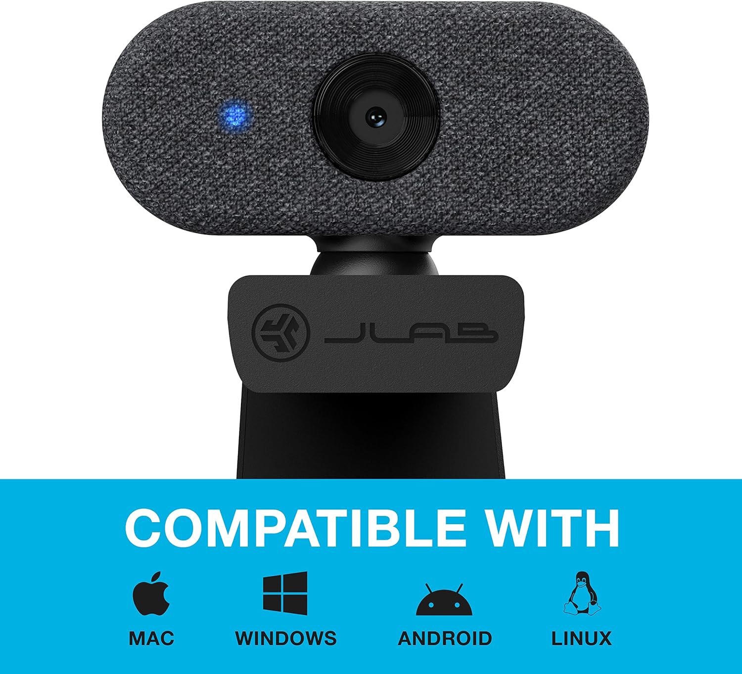 Graphic showing the JLab Go Cam webcam with icons for Mac, Windows, Android, and Linux, indicating broad compatibility.