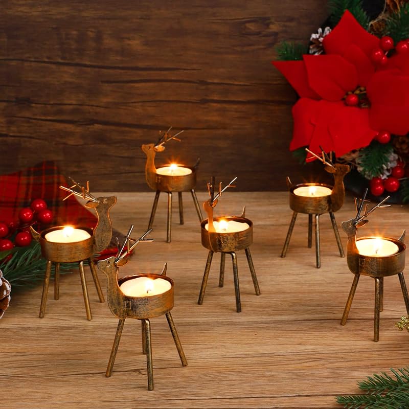 Juegoal Portavelas de reno, juego de 6 decoraciones navideñas de metal de hierro con acabado de bronce rústico, candelabro duradero y resistente al óxido, centro de mesa y exhibición