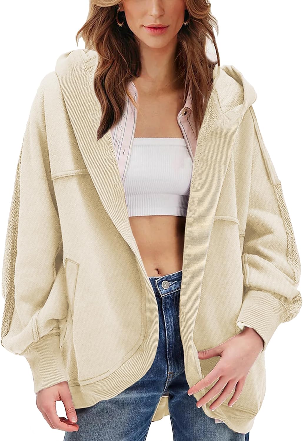 FASEMONPIE Womens Oversized Hooded Cardigan Jacket Open Front Raglan Sleeve Sweatshirt 2026 Spring Outfits with Pockets