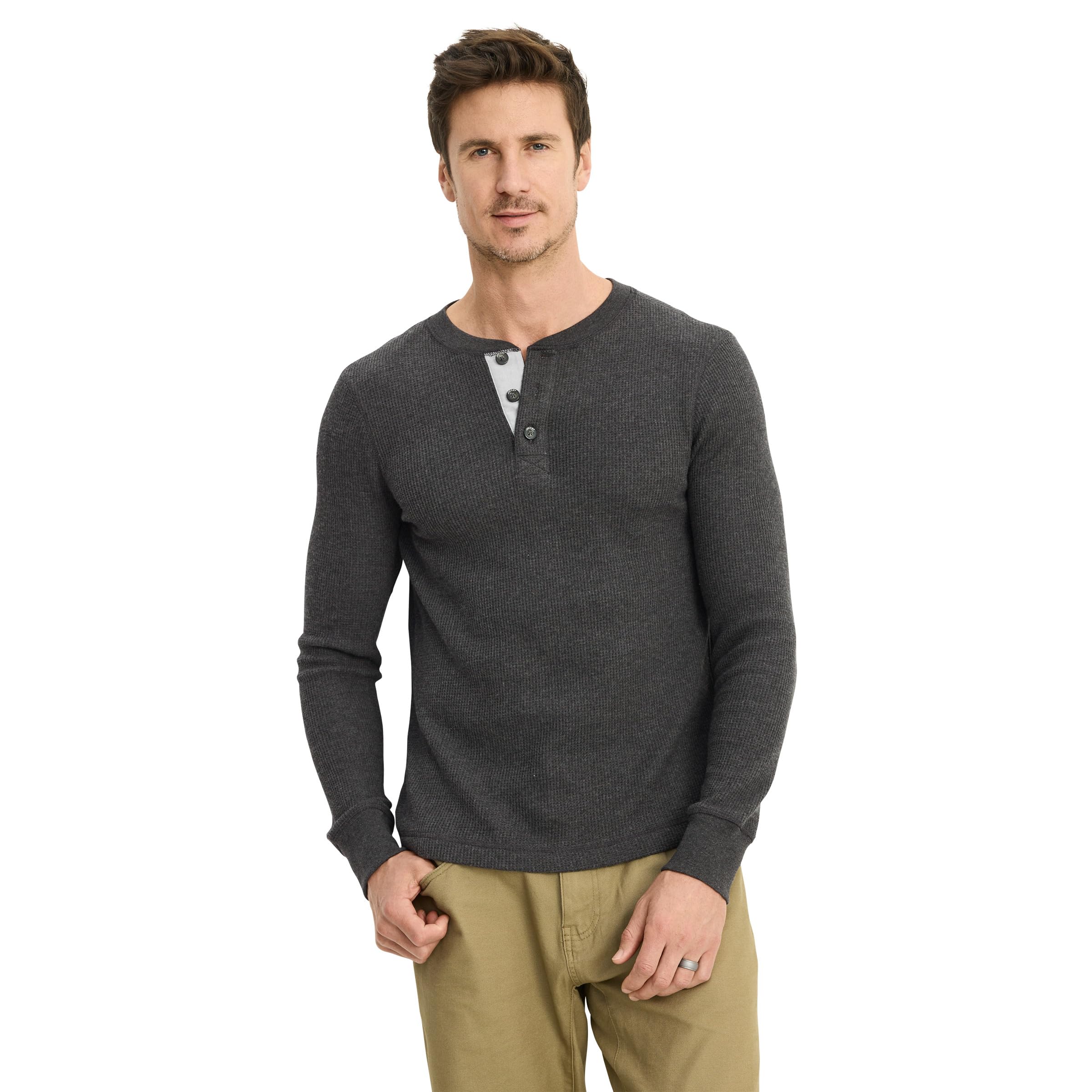 Jockey Men's Charcoal Heather Baselayer Long Sleeve Waffle Henley, Large
