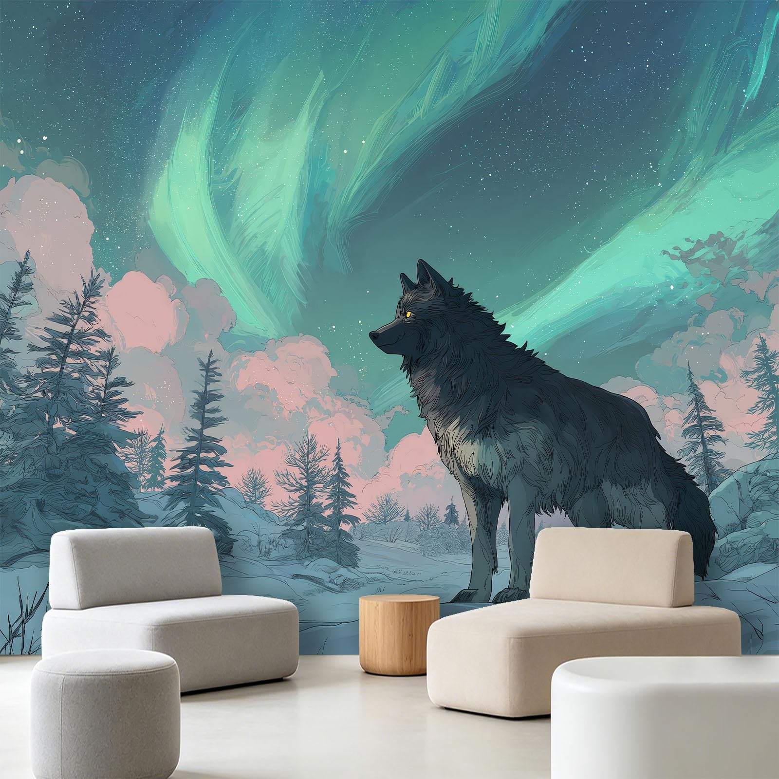 Panoramiczna tapeta z włókniny fantasy wilk 200 x 140 cm tapeta dekoracyjna do salonu i sypialni, efekt 3D, zorza polarna na południe chmura