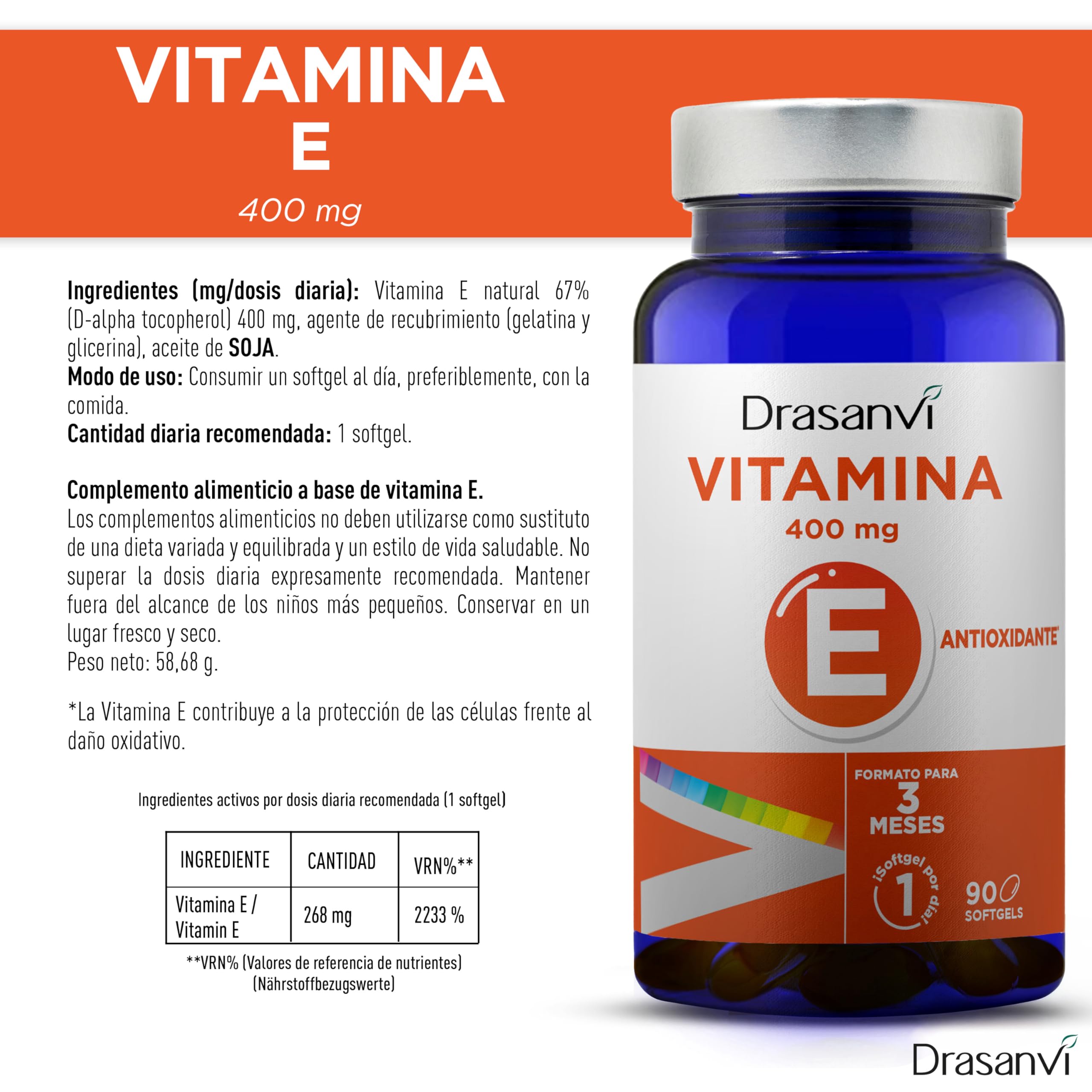 Vitamina E Natural 400 mg Alta Potencia | Equiv. aprox. 597 UI | Antioxidante: contribuye a proteger las células del estrés oxidativo | 90 perlas blandas | 3 meses | 1 al día | Drasanvi