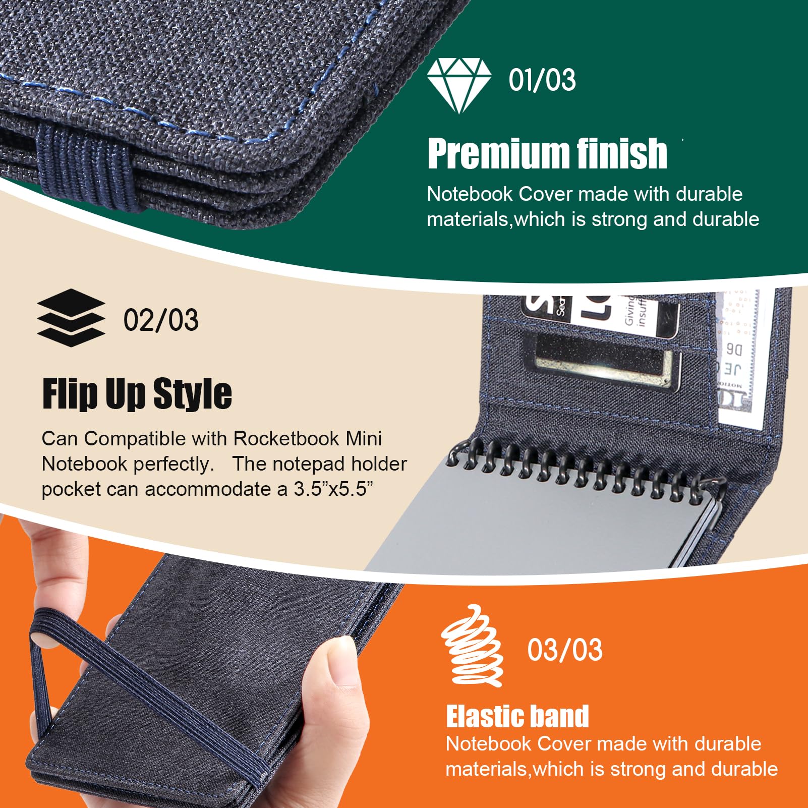 Rocketbook Housse de carnet de notes mini 8,9 x 14 cm imperméable avec porte-stylo et porte-cartes