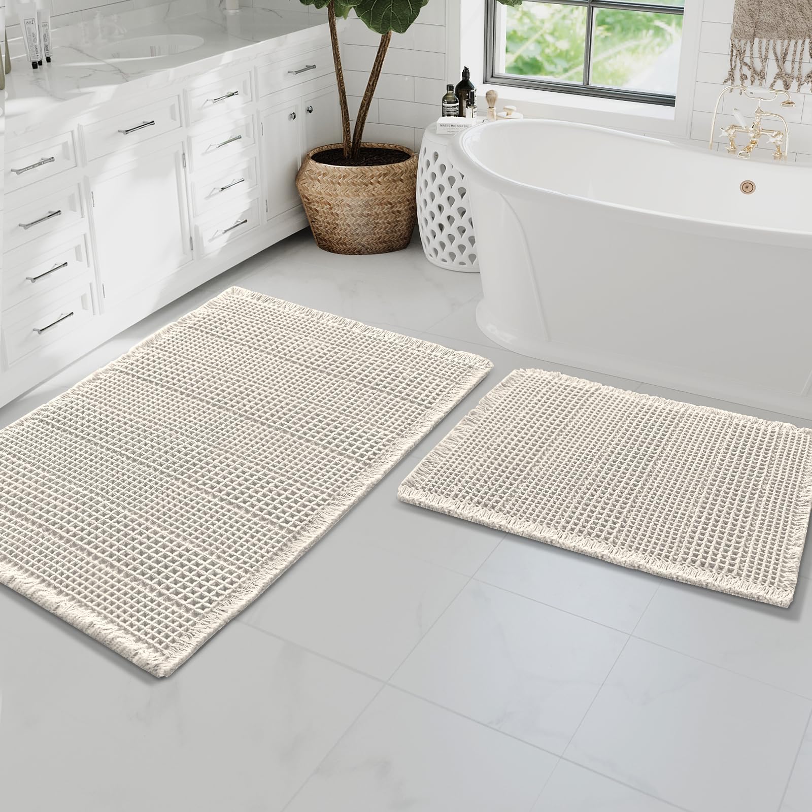 H.VERSAILTEX Waffle Bath Mat Super Absorbent Bathroom Mats Non Slip Bath Rugs for Bathroom Floor Machine Washable Ultra Soft Bathroom Rugs for Beside Tub, (32 x 20 Plus 24 x 17 - Inches, Ivory)OEKO-TEX STANDARD 100