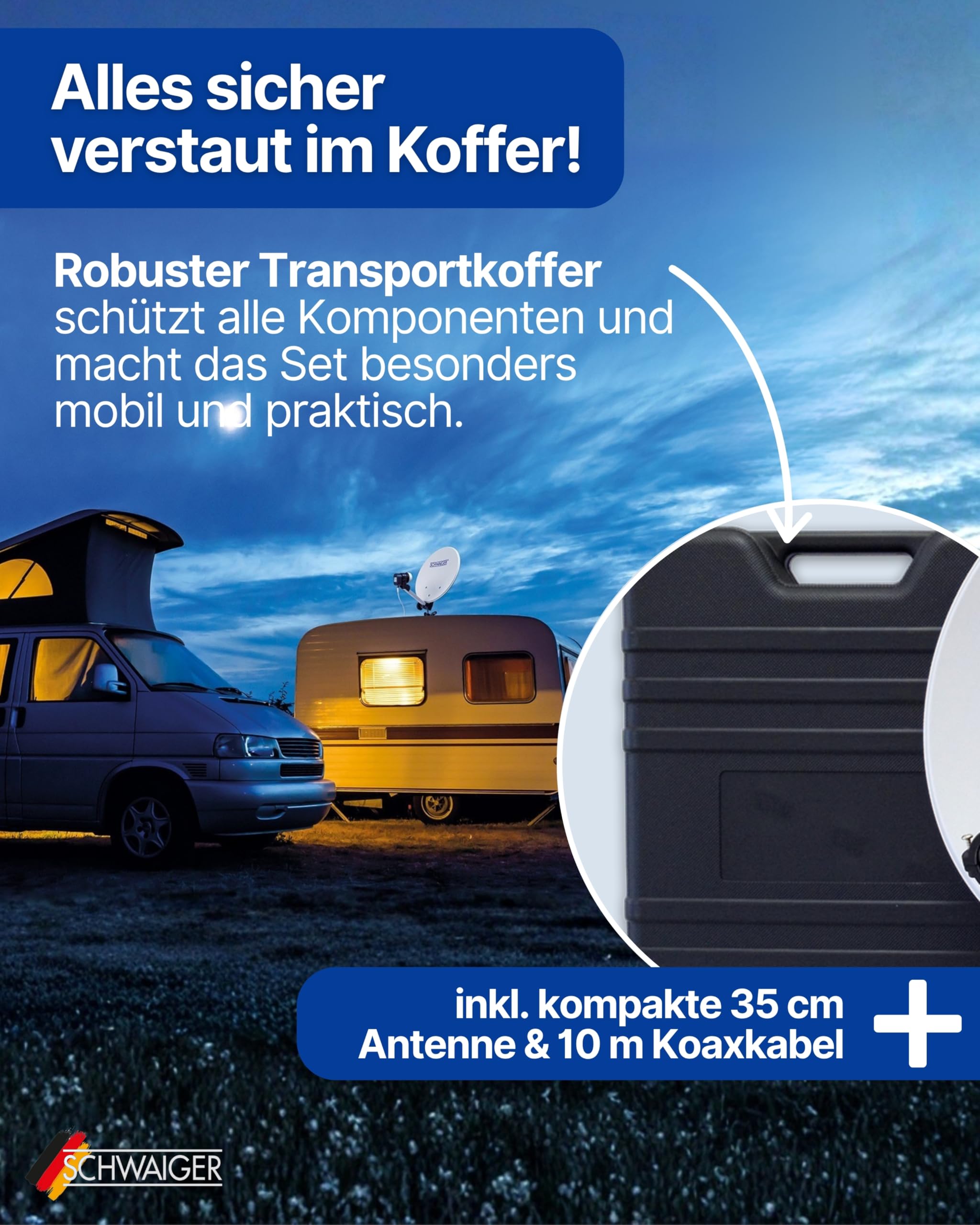 SCHWAIGER SAT-Camping Set 35 cm Stahl Offset Antenne Single LNB 10 m Koaxialkabel Mobile SAT-Anlage